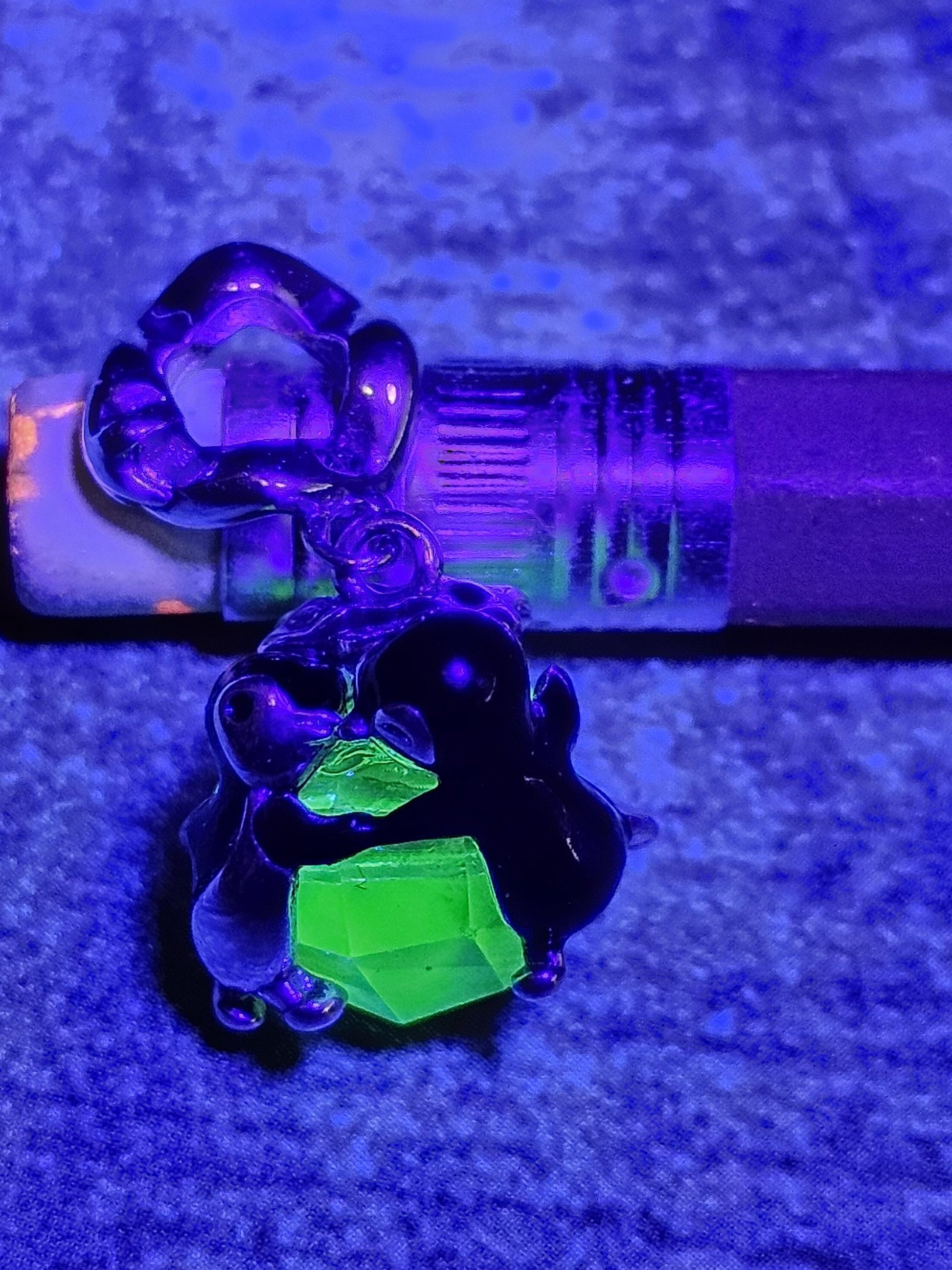 Uranium Glass Pendant in new Sterling Silver Kissing Penguins with a vintage Uranium Glass 10 mm bead that glows under black / UV light