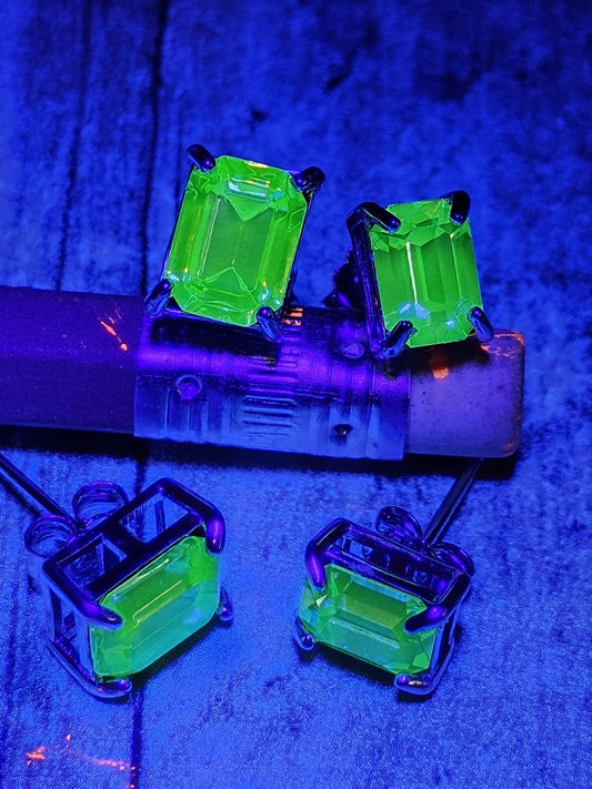Uranium Glass Earrings in new Sterling Silver with Vintage 8x6 mm or 7x5 mm Emerald cut Uranium Glass stones, that glow under black/UV light