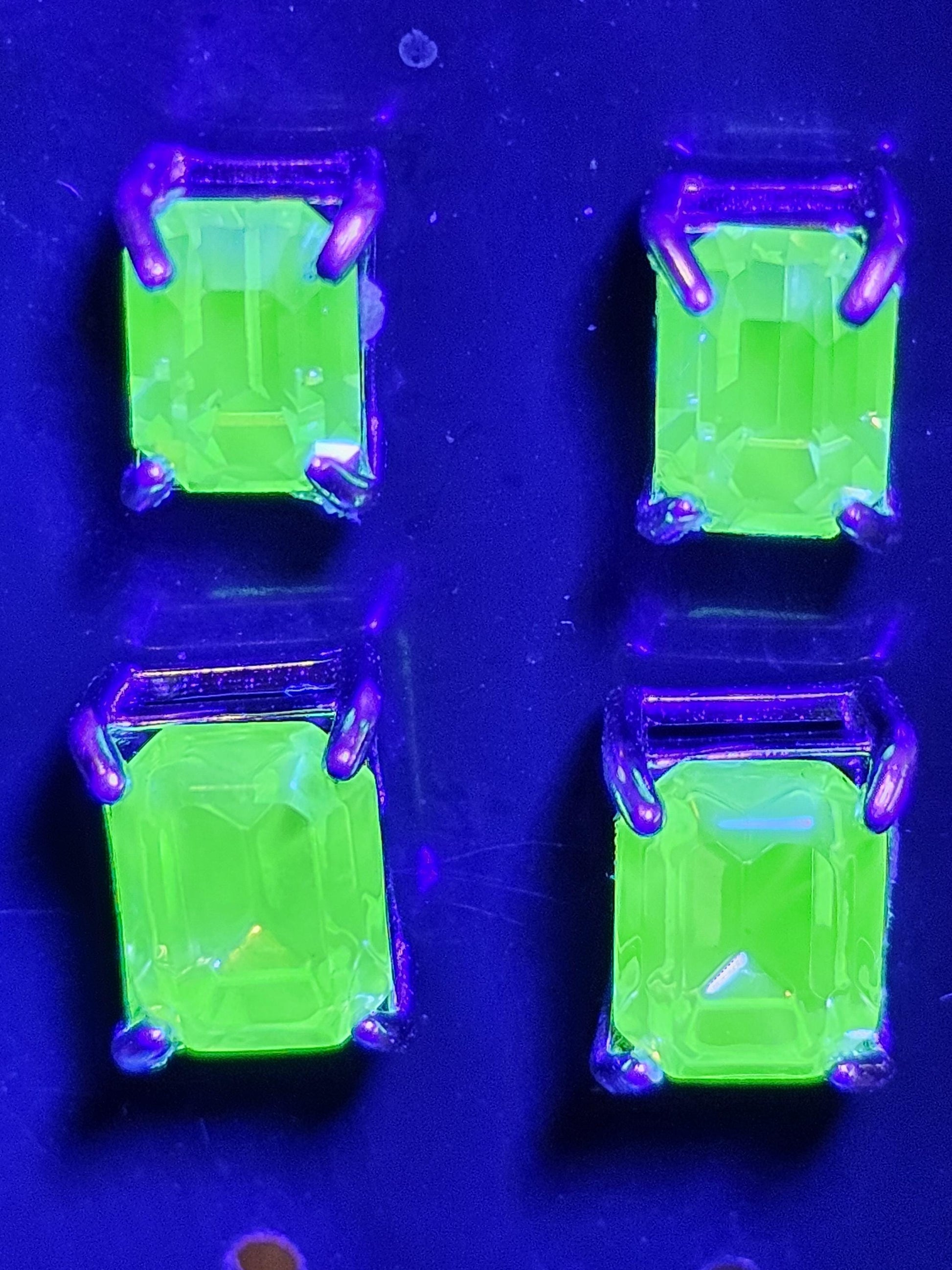 Uranium Glass Earrings in new Sterling Silver with Vintage 8x6 mm or 7x5 mm Emerald cut Uranium Glass stones, that glow under black/UV light