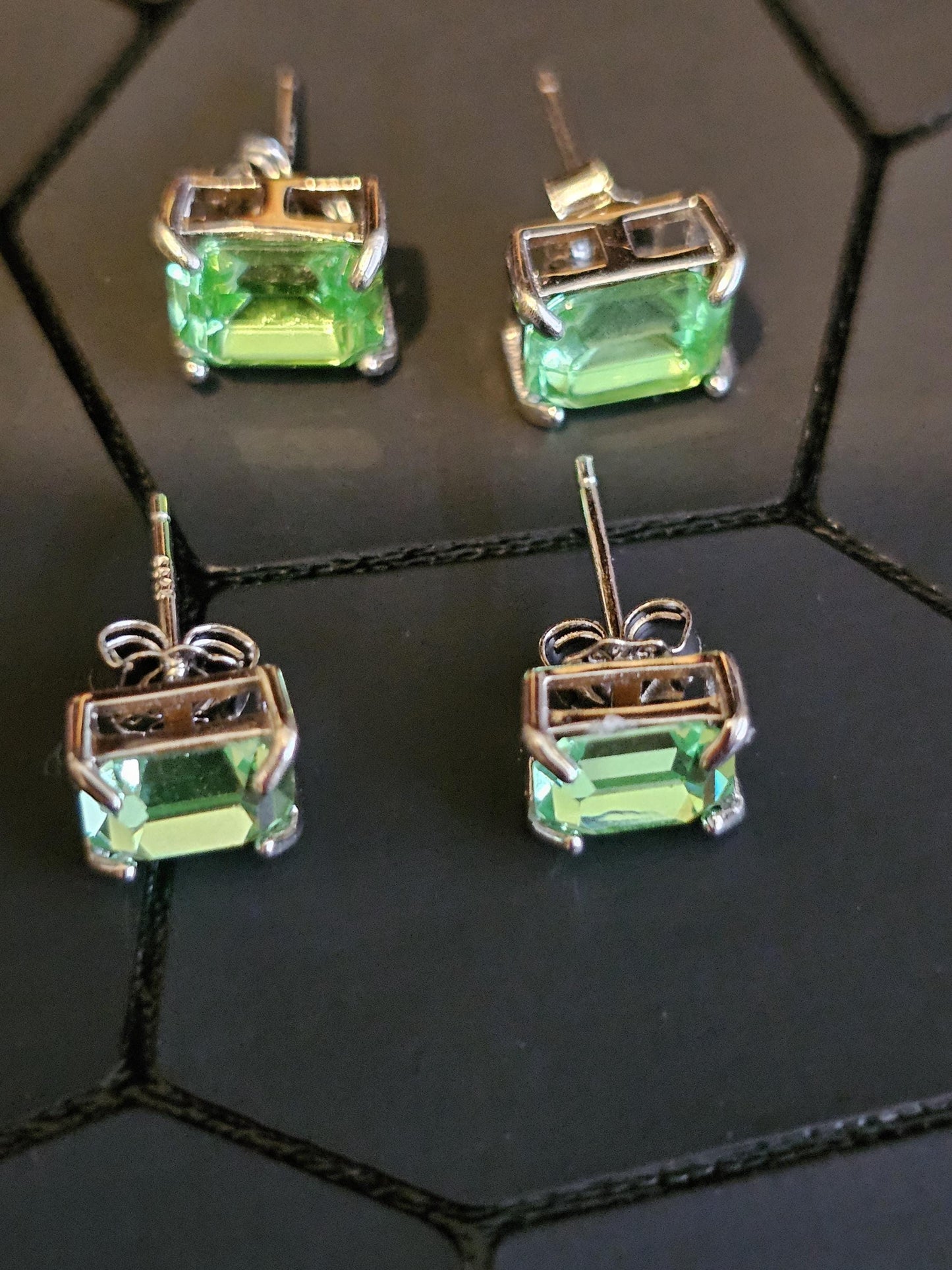 Uranium Glass Earrings in new Sterling Silver with Vintage 8x6 mm or 7x5 mm Emerald cut Uranium Glass stones, that glow under black/UV light