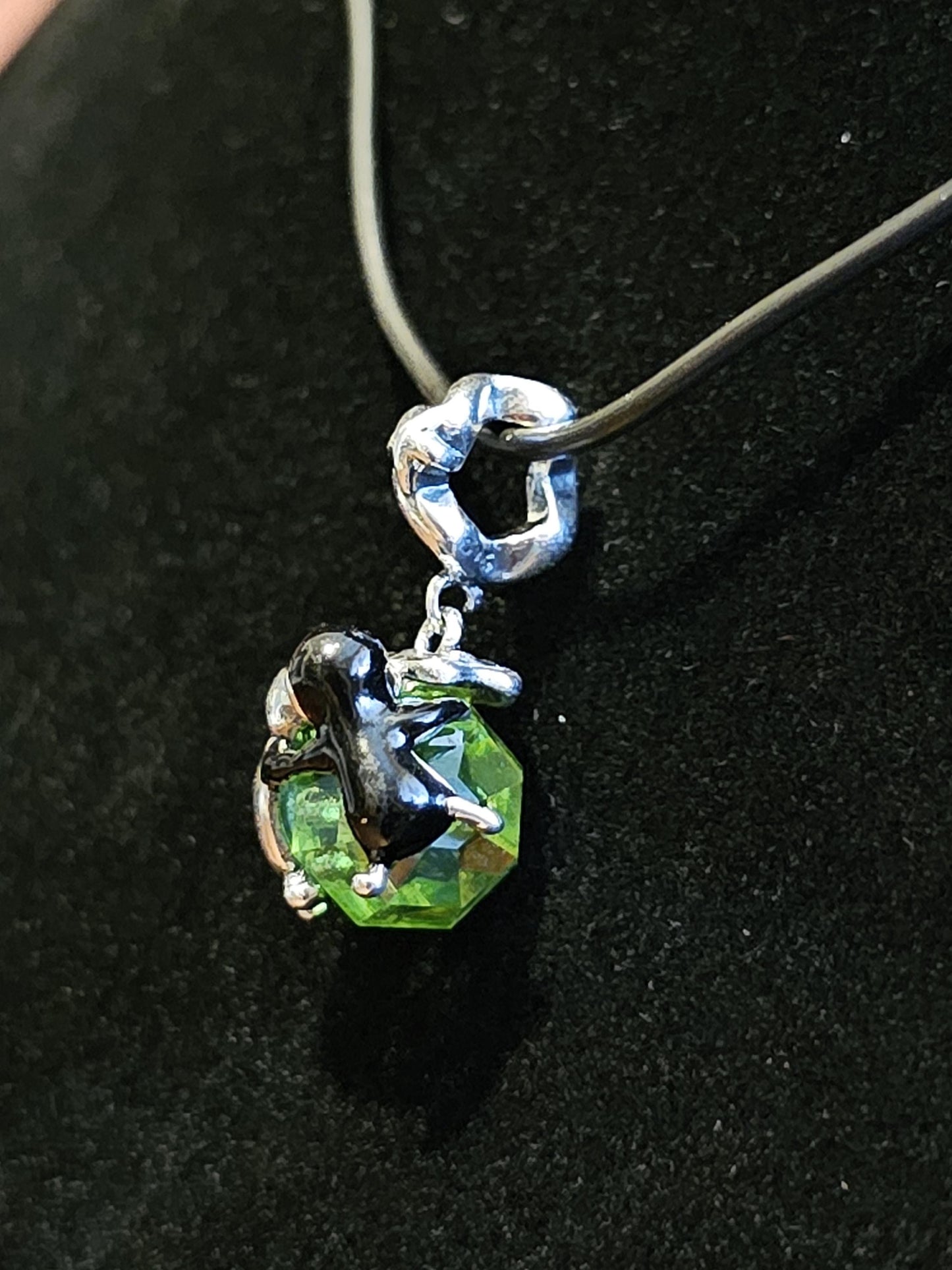 Uranium Glass Pendant in new Sterling Silver Kissing Penguins with a vintage Uranium Glass 10 mm bead that glows under black / UV light