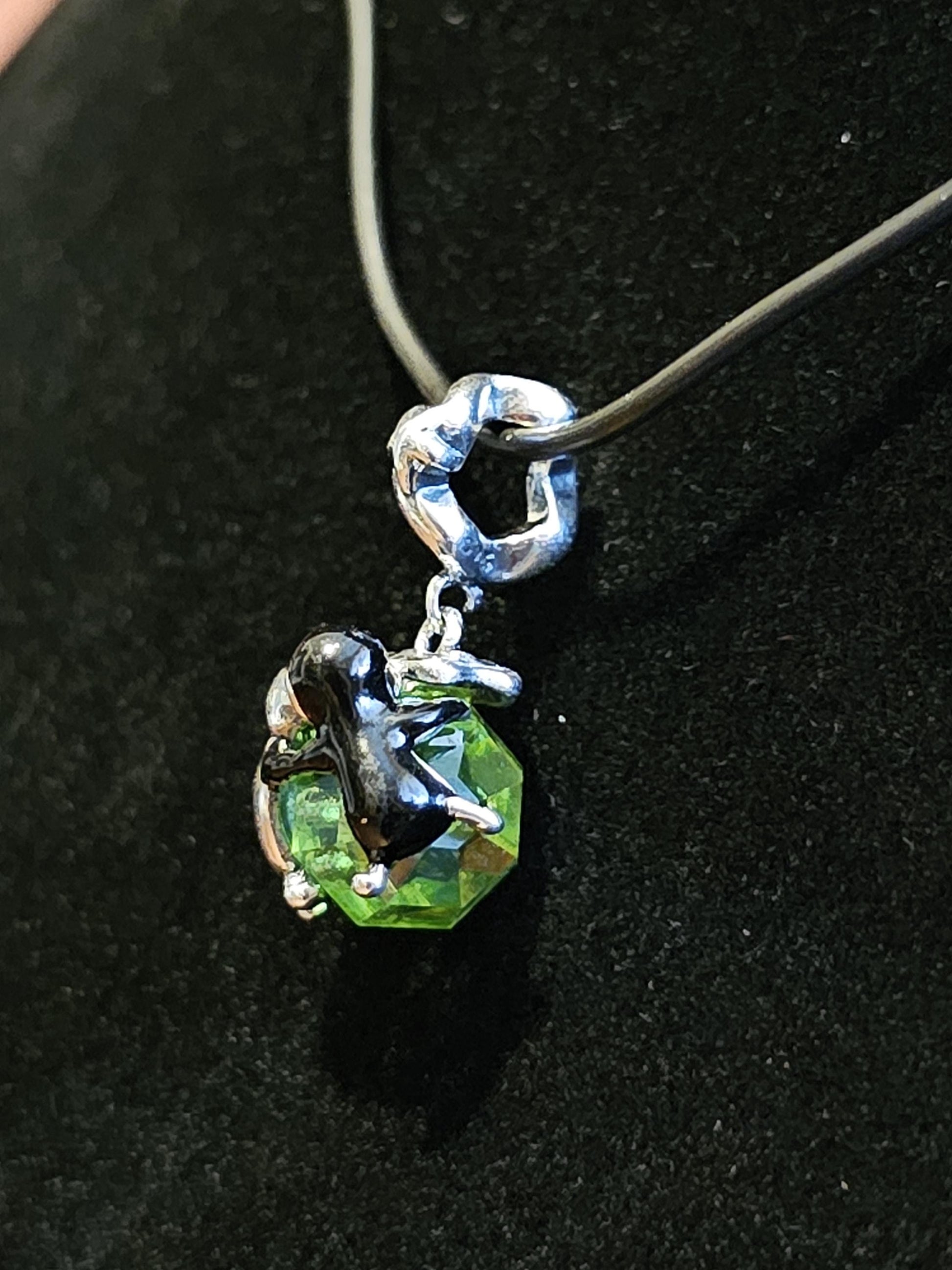 Uranium Glass Pendant in new Sterling Silver Kissing Penguins with a vintage Uranium Glass 10 mm bead that glows under black / UV light