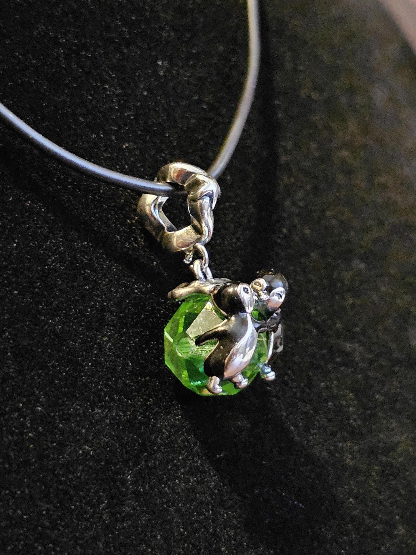 Uranium Glass Pendant in new Sterling Silver Kissing Penguins with a vintage Uranium Glass 10 mm bead that glows under black / UV light