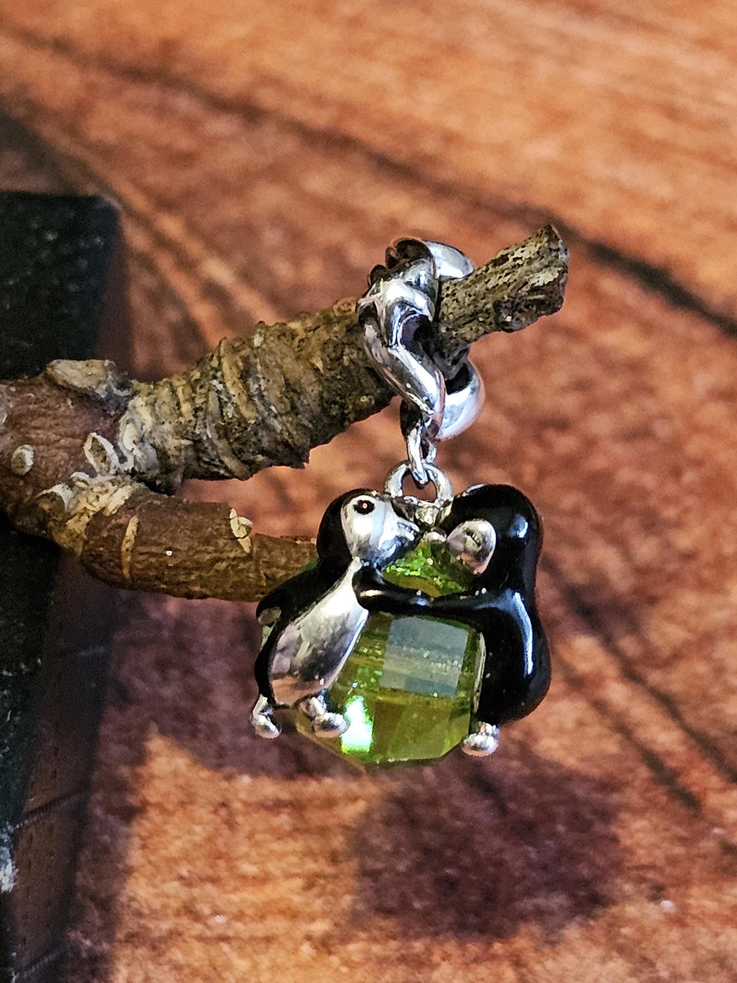 Uranium Glass Pendant in new Sterling Silver Kissing Penguins with a vintage Uranium Glass 10 mm bead that glows under black / UV light