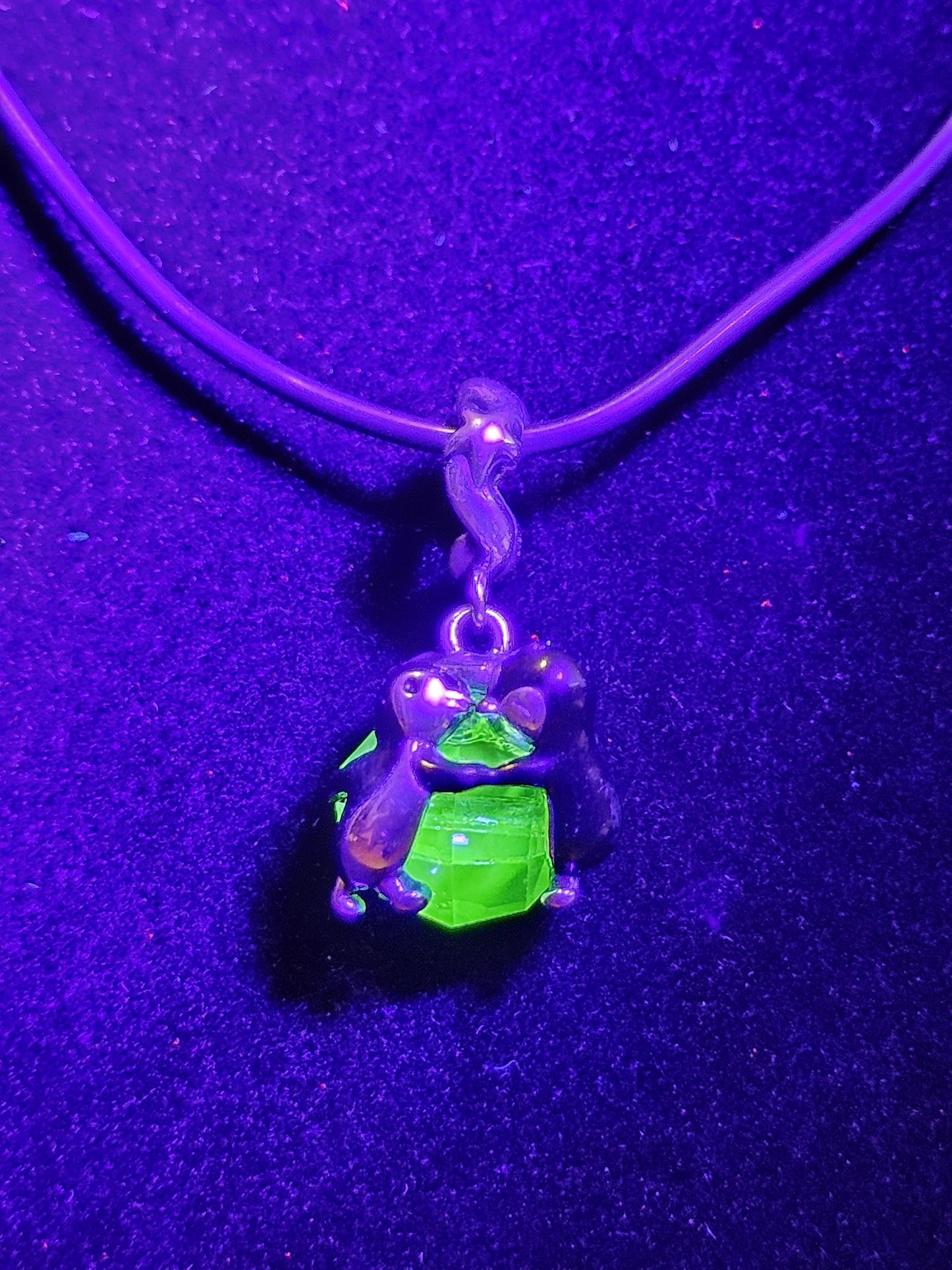 Uranium Glass Pendant in new Sterling Silver Kissing Penguins with a vintage Uranium Glass 10 mm bead that glows under black / UV light