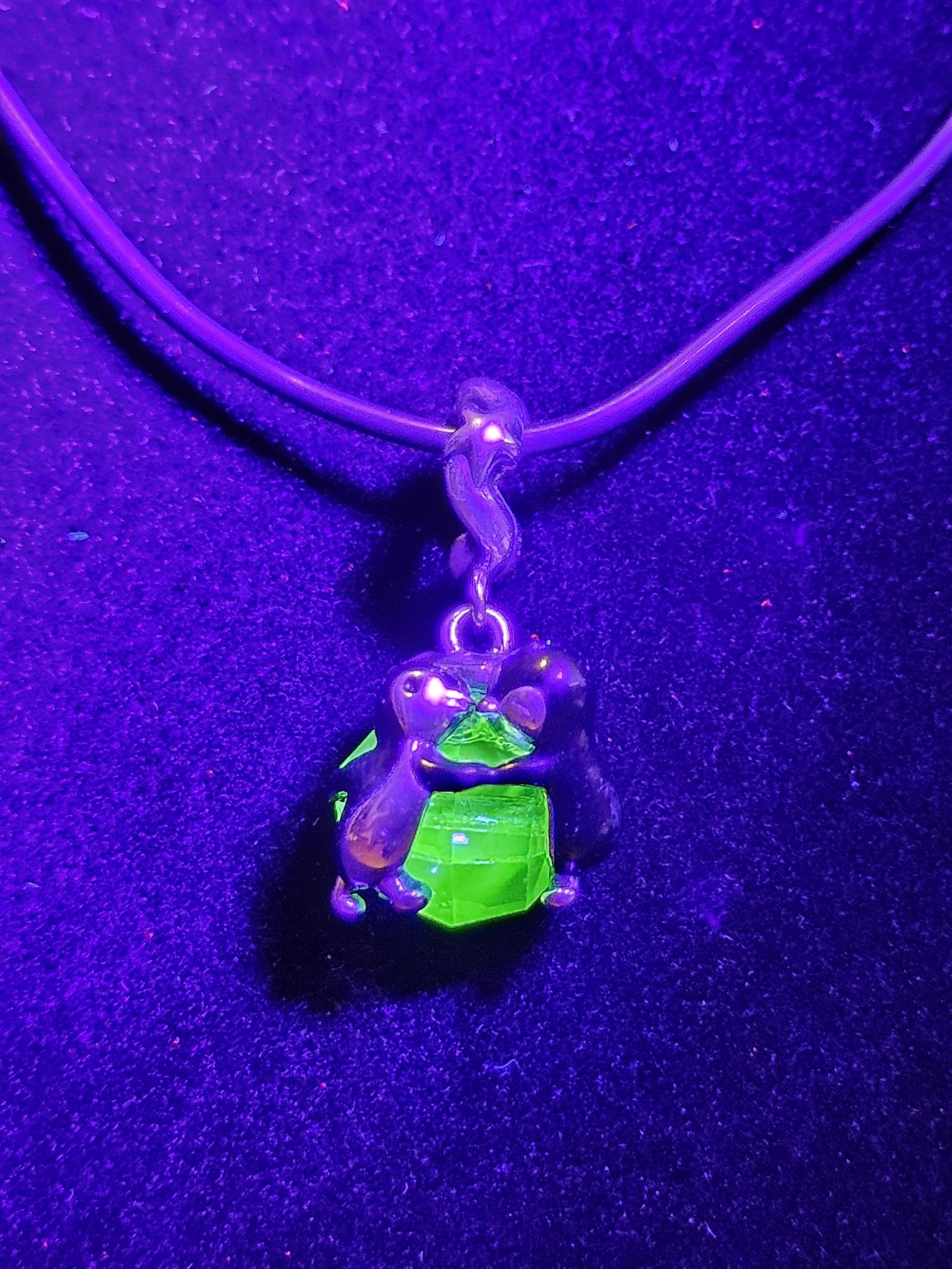 Uranium Glass Pendant in new Sterling Silver Kissing Penguins with a vintage Uranium Glass 10 mm bead that glows under black / UV light
