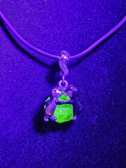 Uranium Glass Pendant in new Sterling Silver Kissing Penguins with a vintage Uranium Glass 10 mm bead that glows under black / UV light