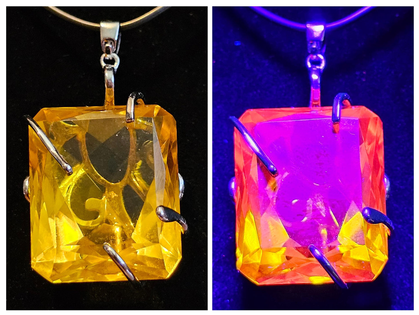 Cadmium Glass Pendant in new Sterling Silver with a huge vintage Emerald cut 25x20 mm Cadmium glass stone that glows under black / UV light