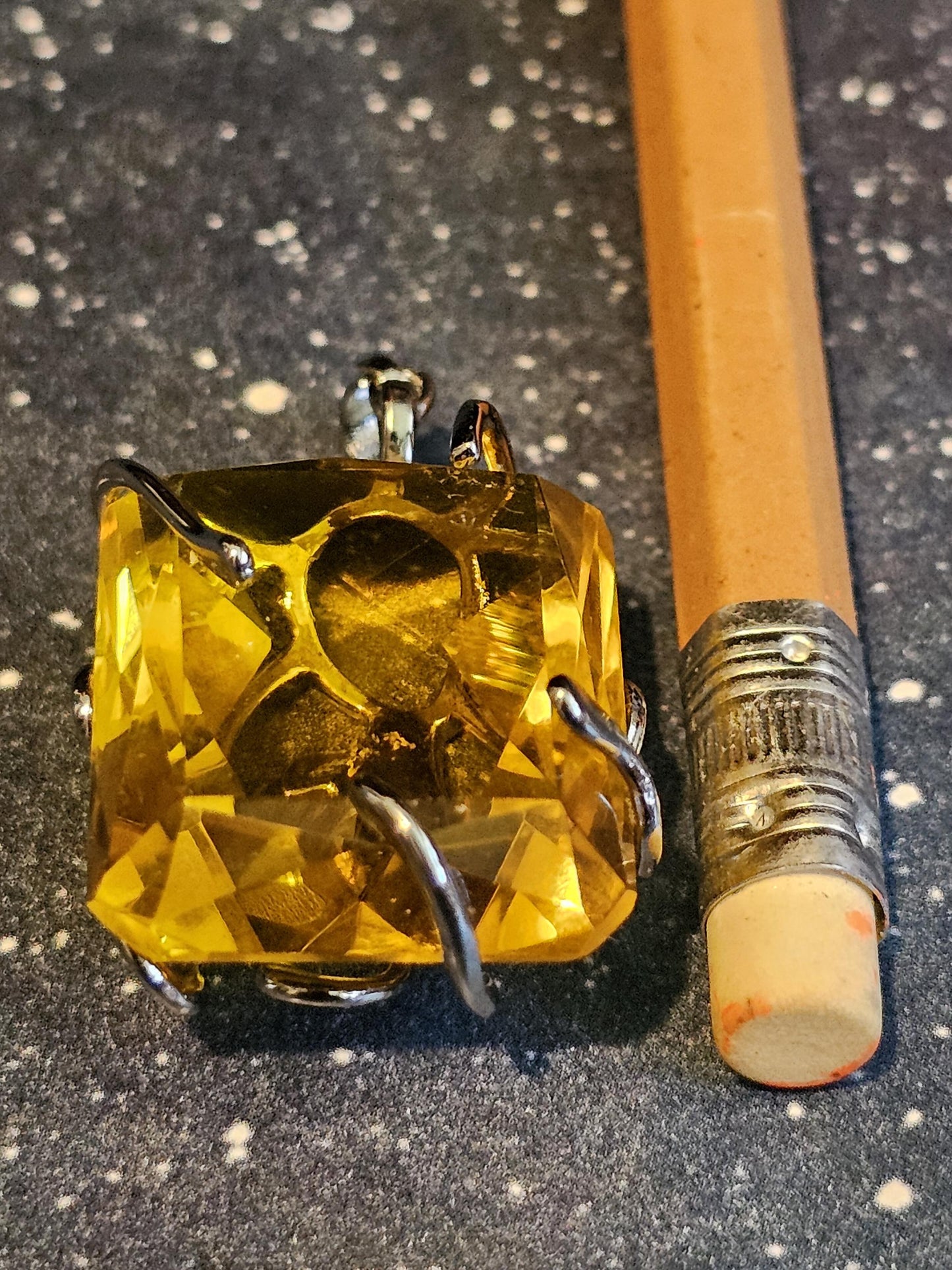 Cadmium Glass Pendant in new Sterling Silver with a huge vintage Emerald cut 25x20 mm Cadmium glass stone that glows under black / UV light