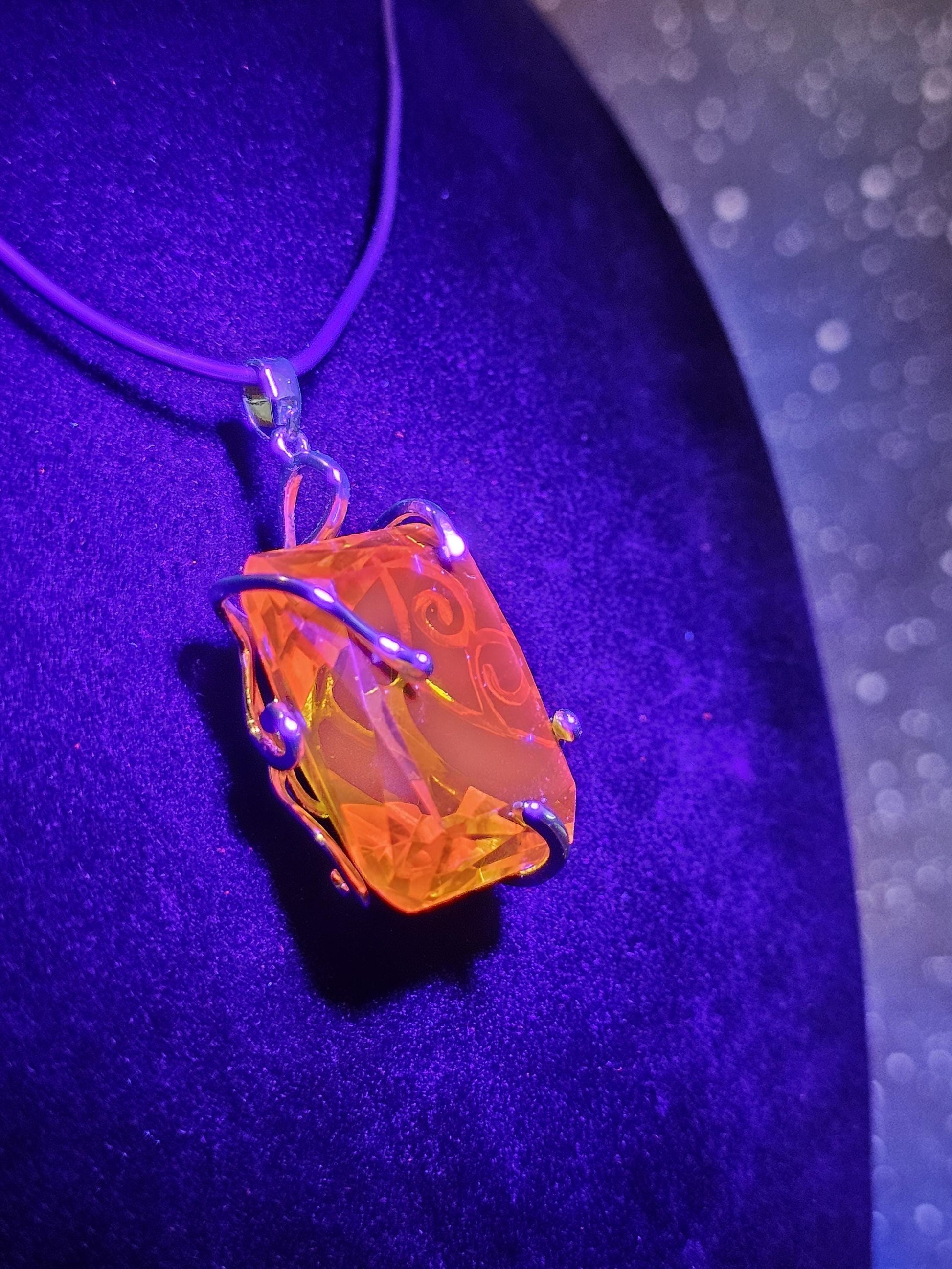 Cadmium Glass Pendant in new Sterling Silver with a huge vintage Emerald cut 25x20 mm Cadmium glass stone that glows under black / UV light