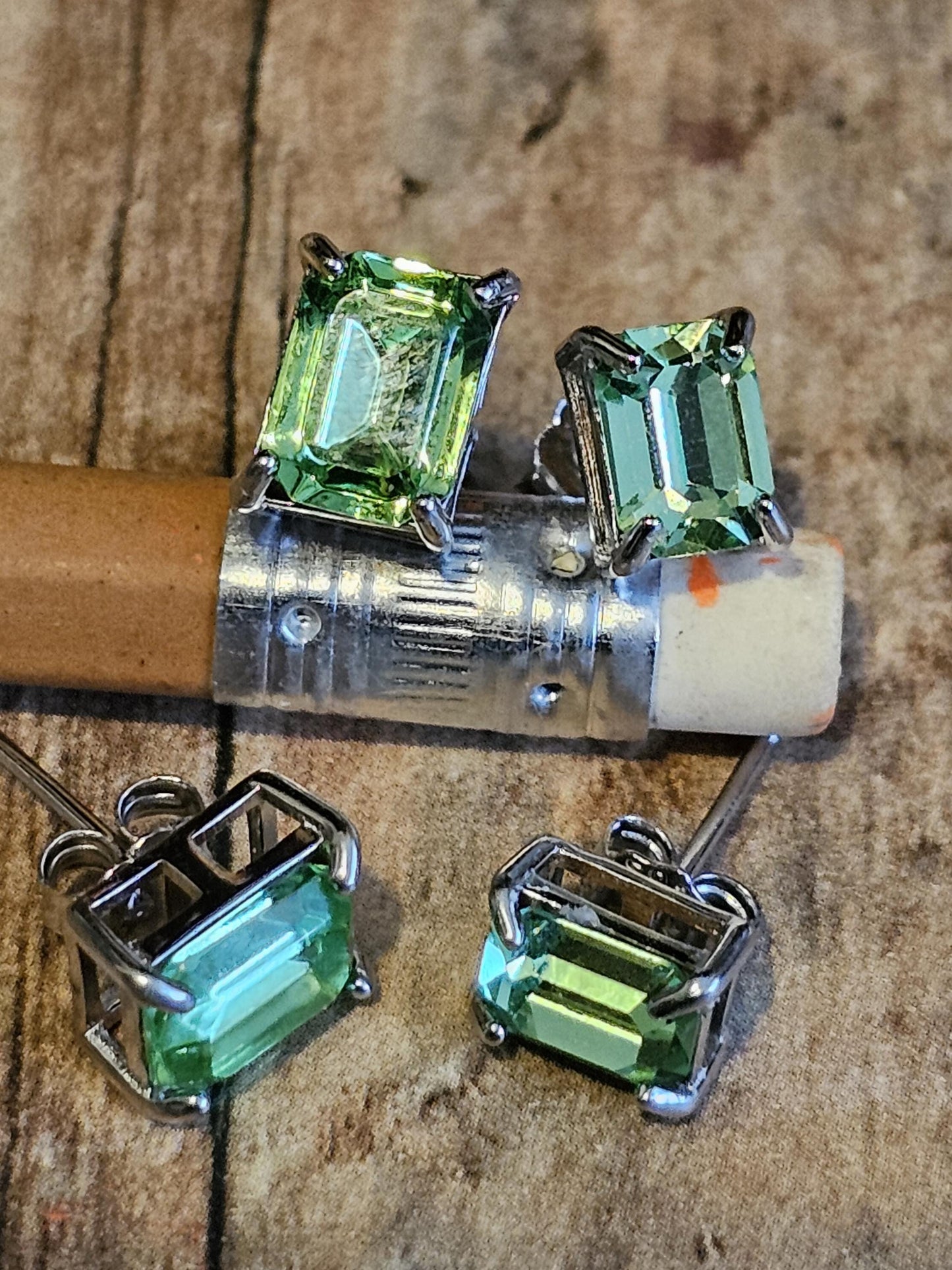 Uranium Glass Earrings in new Sterling Silver with Vintage 8x6 mm or 7x5 mm Emerald cut Uranium Glass stones, that glow under black/UV light
