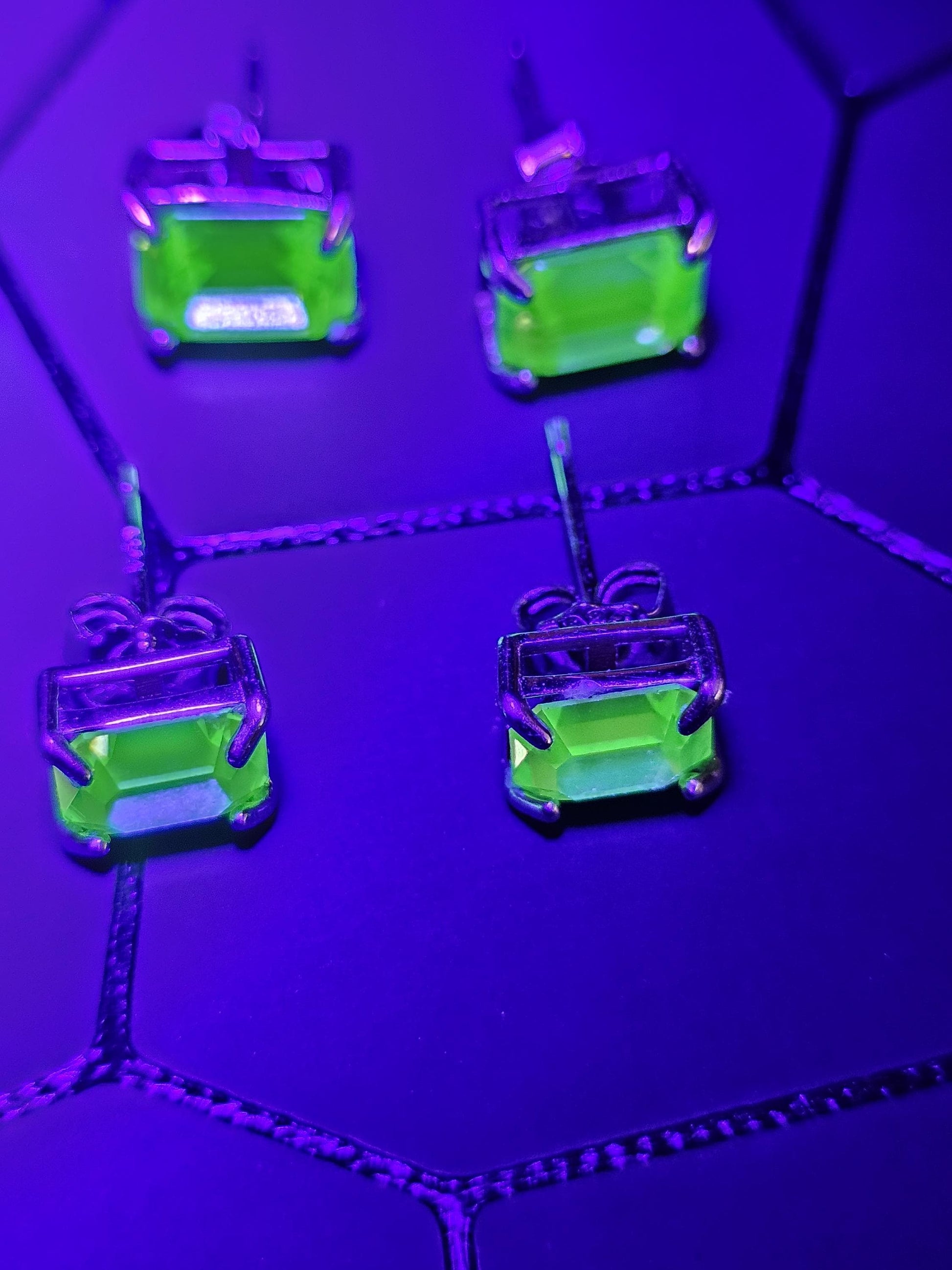 Uranium Glass Earrings in new Sterling Silver with Vintage 8x6 mm or 7x5 mm Emerald cut Uranium Glass stones, that glow under black/UV light