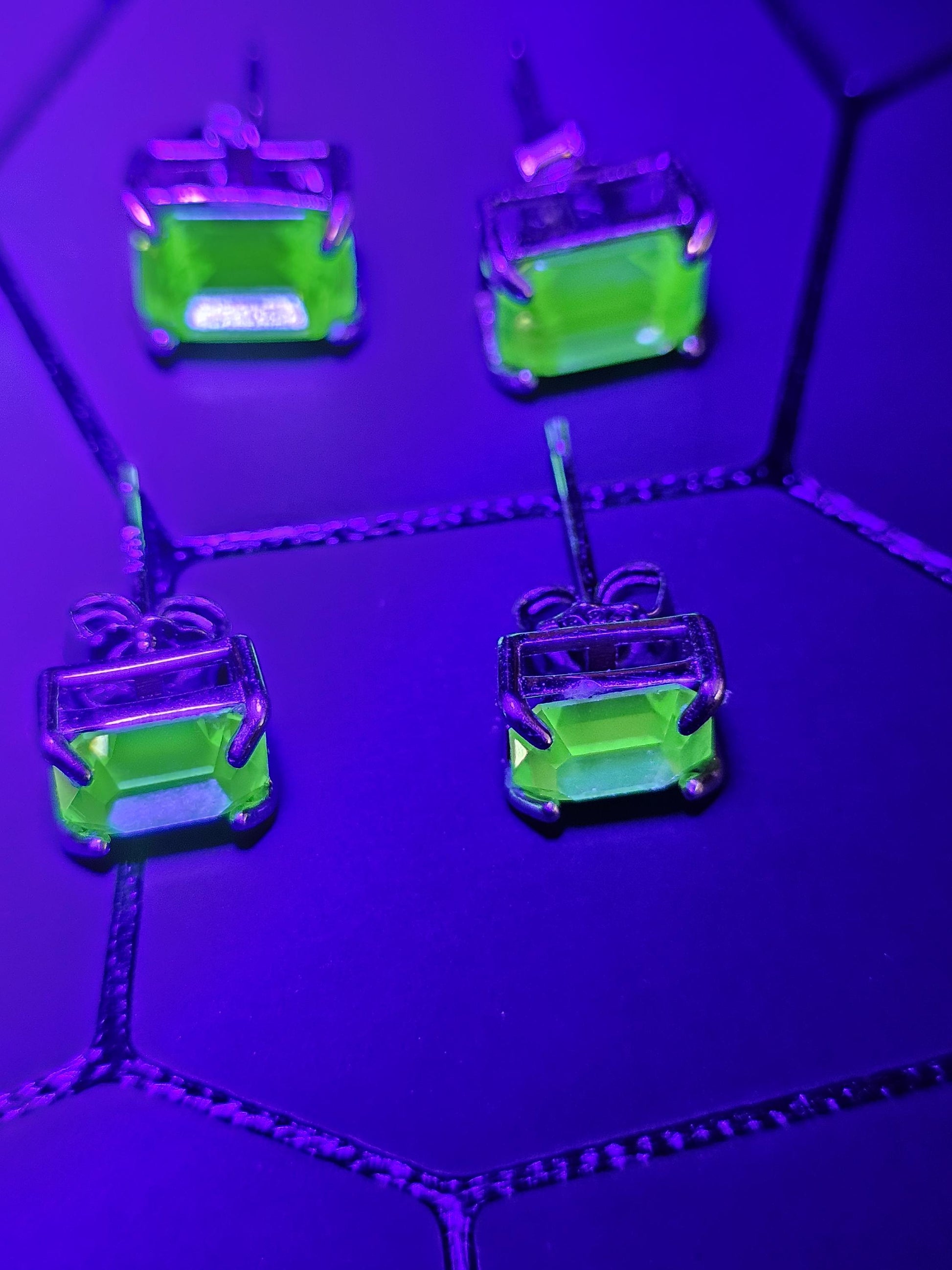 Uranium Glass Earrings in new Sterling Silver with Vintage 8x6 mm or 7x5 mm Emerald cut Uranium Glass stones, that glow under black/UV light
