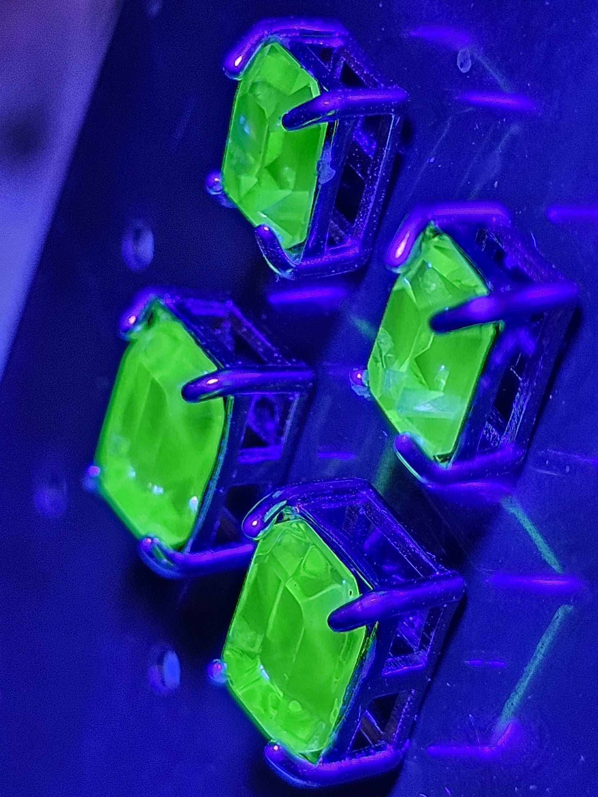 Uranium Glass Earrings in new Sterling Silver with Vintage 8x6 mm or 7x5 mm Emerald cut Uranium Glass stones, that glow under black/UV light