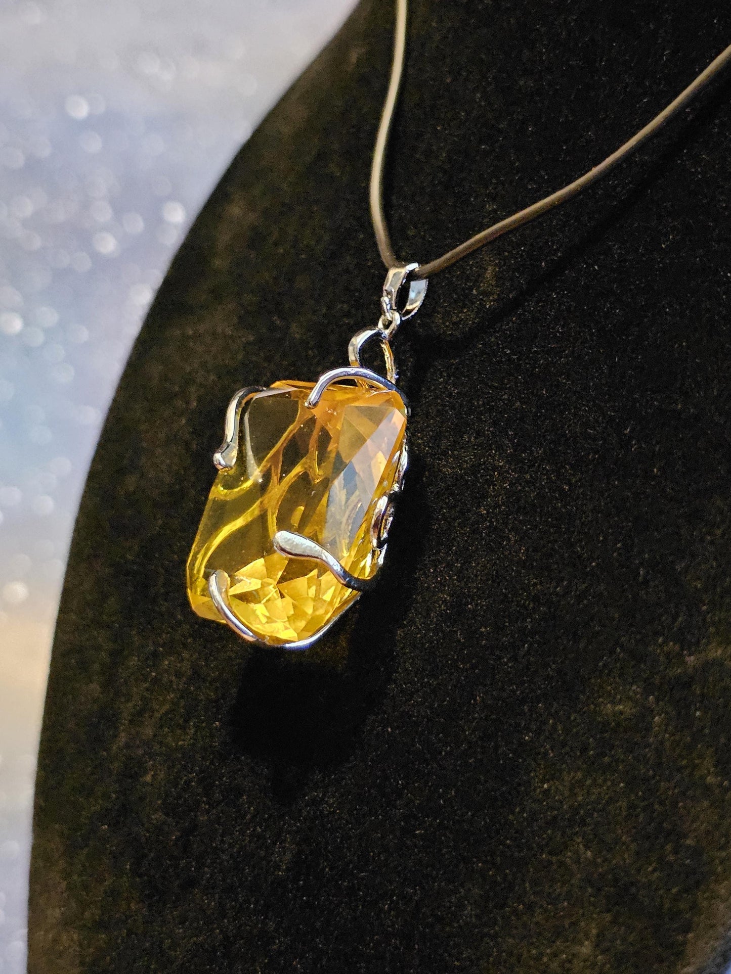 Cadmium Glass Pendant in new Sterling Silver with a huge vintage Emerald cut 25x20 mm Cadmium glass stone that glows under black / UV light