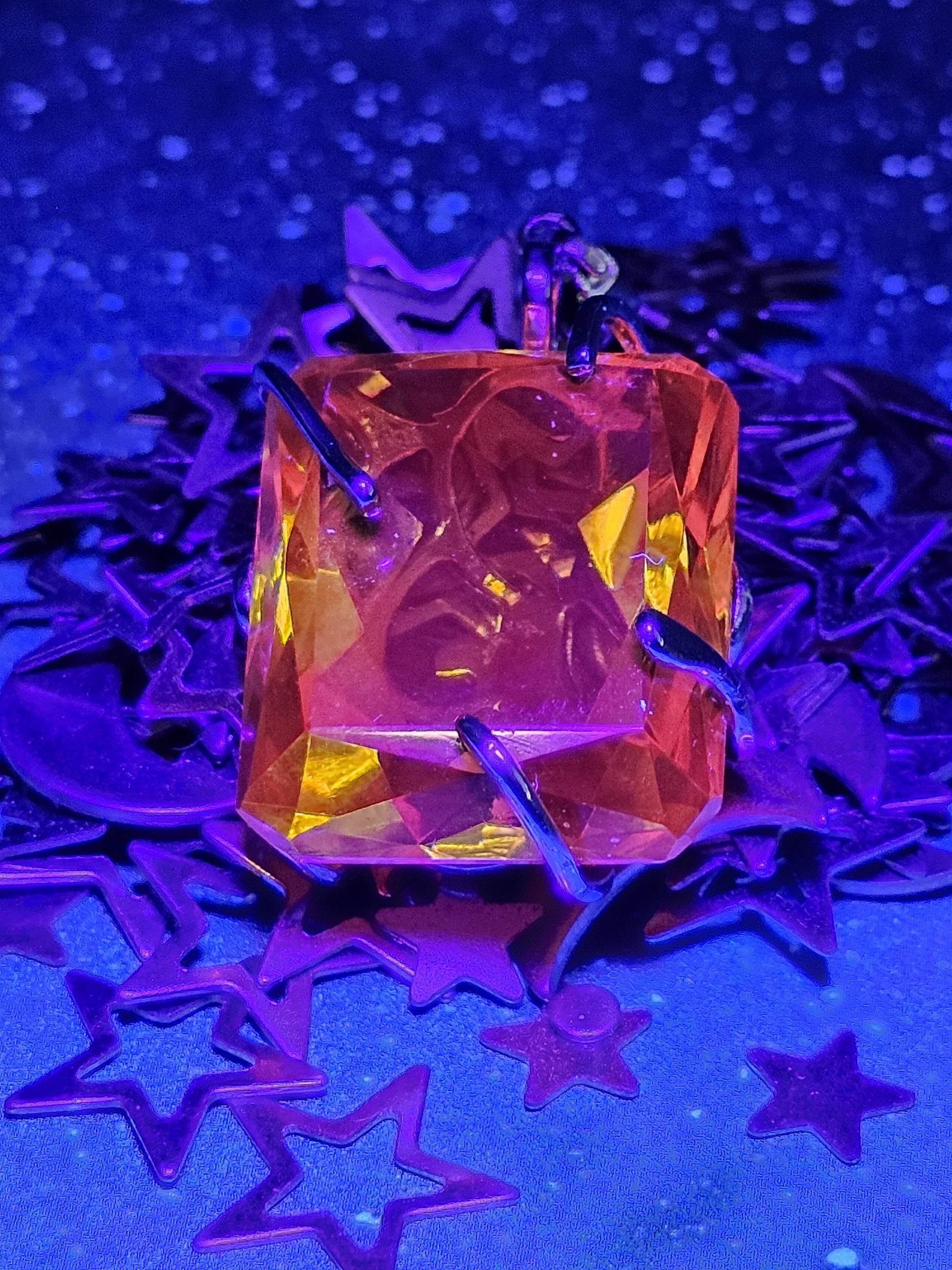 Cadmium Glass Pendant in new Sterling Silver with a huge vintage Emerald cut 25x20 mm Cadmium glass stone that glows under black / UV light