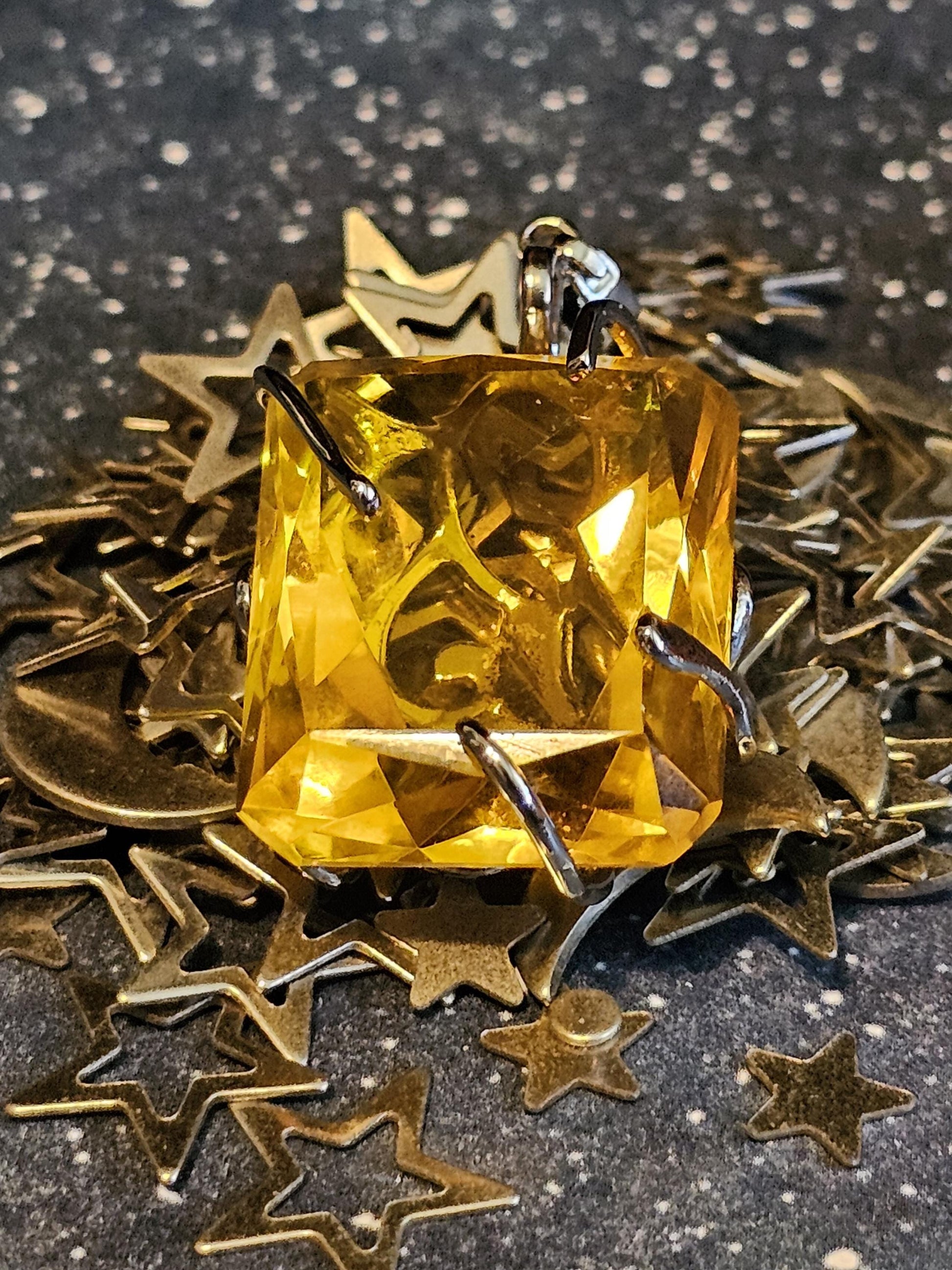 Cadmium Glass Pendant in new Sterling Silver with a huge vintage Emerald cut 25x20 mm Cadmium glass stone that glows under black / UV light