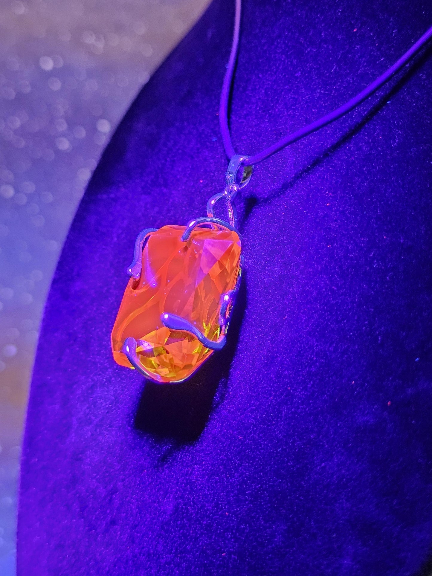 Cadmium Glass Pendant in new Sterling Silver with a huge vintage Emerald cut 25x20 mm Cadmium glass stone that glows under black / UV light