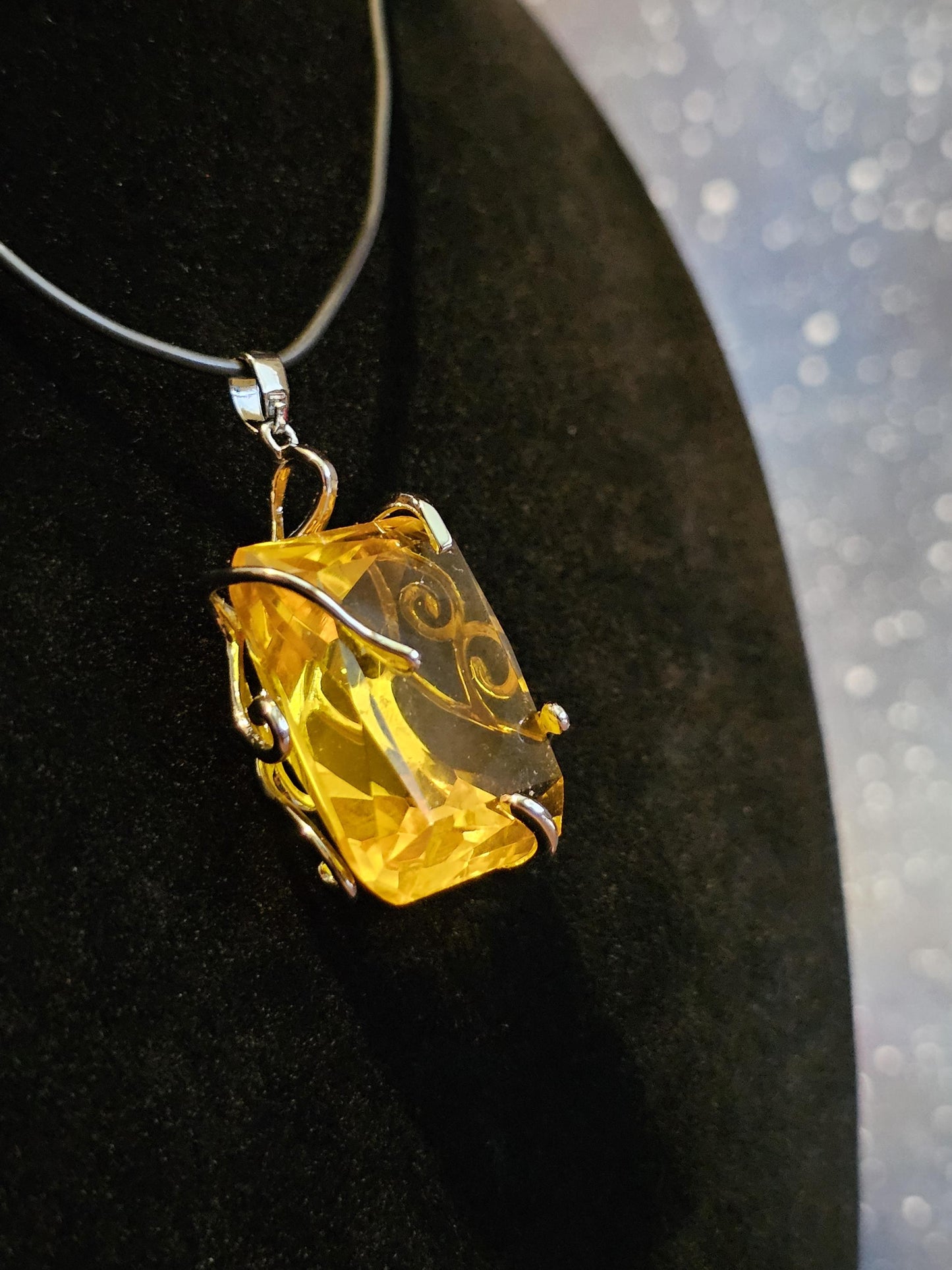 Cadmium Glass Pendant in new Sterling Silver with a huge vintage Emerald cut 25x20 mm Cadmium glass stone that glows under black / UV light