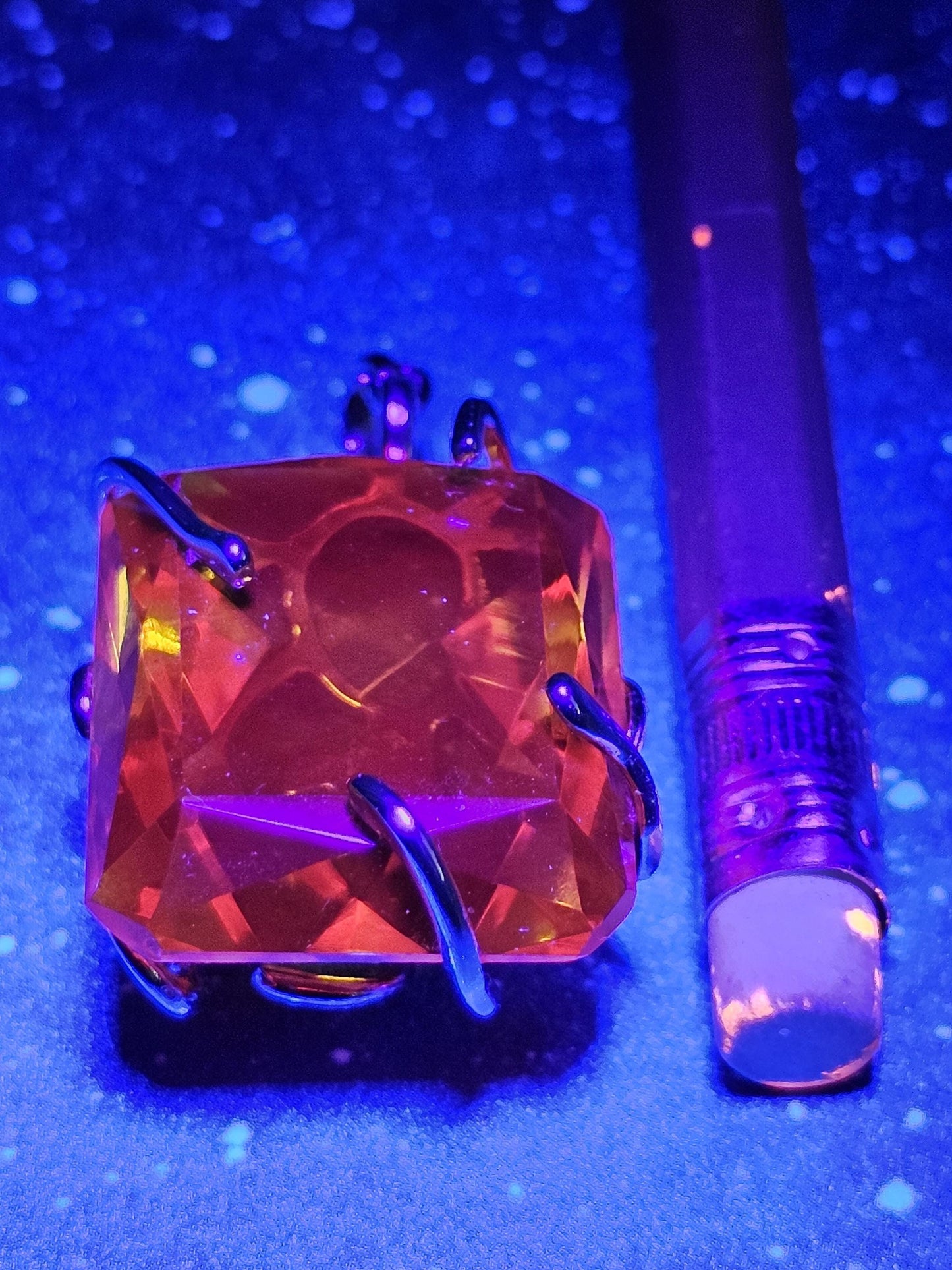 Cadmium Glass Pendant in new Sterling Silver with a huge vintage Emerald cut 25x20 mm Cadmium glass stone that glows under black / UV light