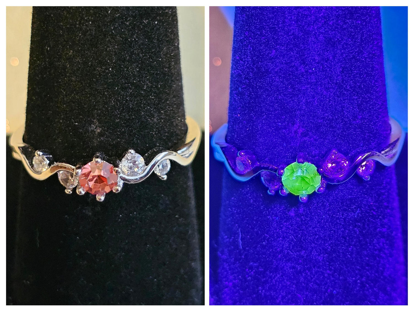 Uranium Glass Round cut ring size 9 new Silver Plated with a vintage rare Pink Uranium glass 4 mm stone that glows under black / UV light