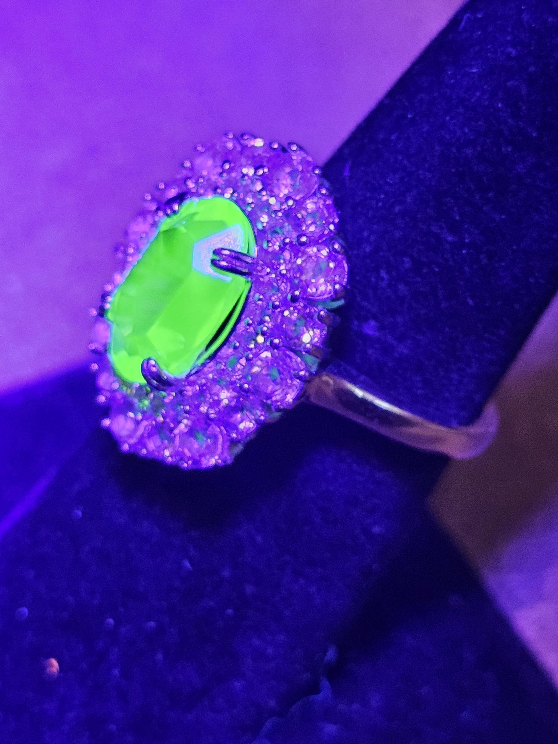 Uranium Glass Oval cut Ring double Halo style size 7 with a vintage Uranium glass 12x8 mm Oval cut stone that glows under black / UV light