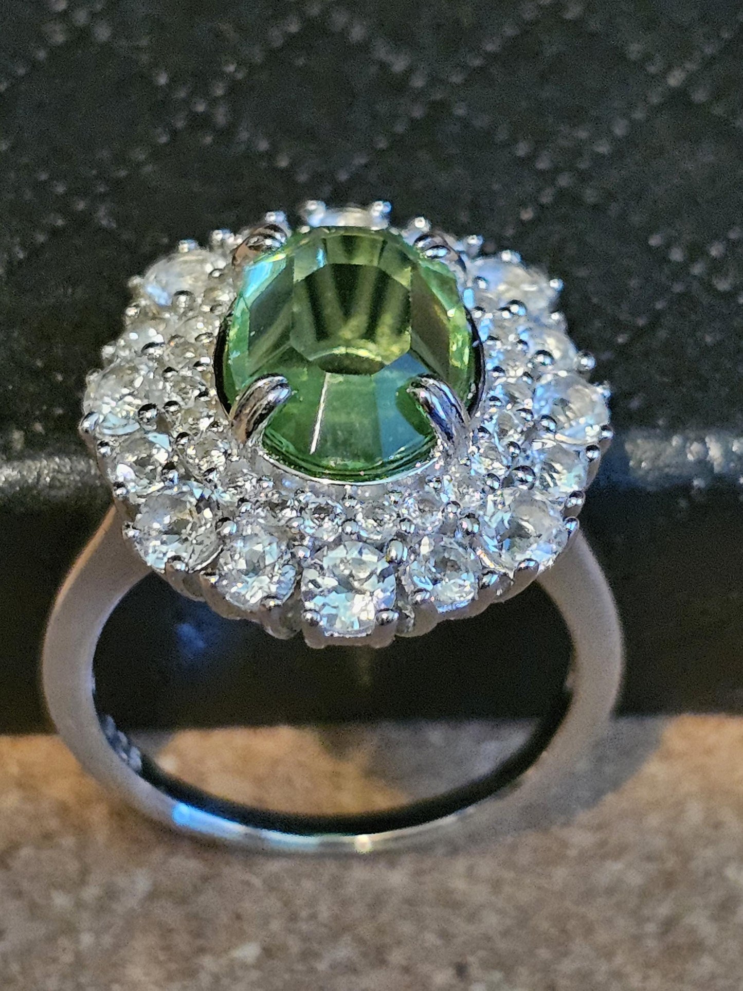 Uranium Glass Oval cut Ring double Halo style size 7 with a vintage Uranium glass 12x8 mm Oval cut stone that glows under black / UV light