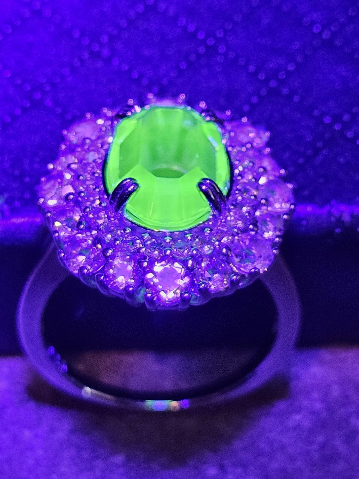 Uranium Glass Oval cut Ring double Halo style size 7 with a vintage Uranium glass 12x8 mm Oval cut stone that glows under black / UV light