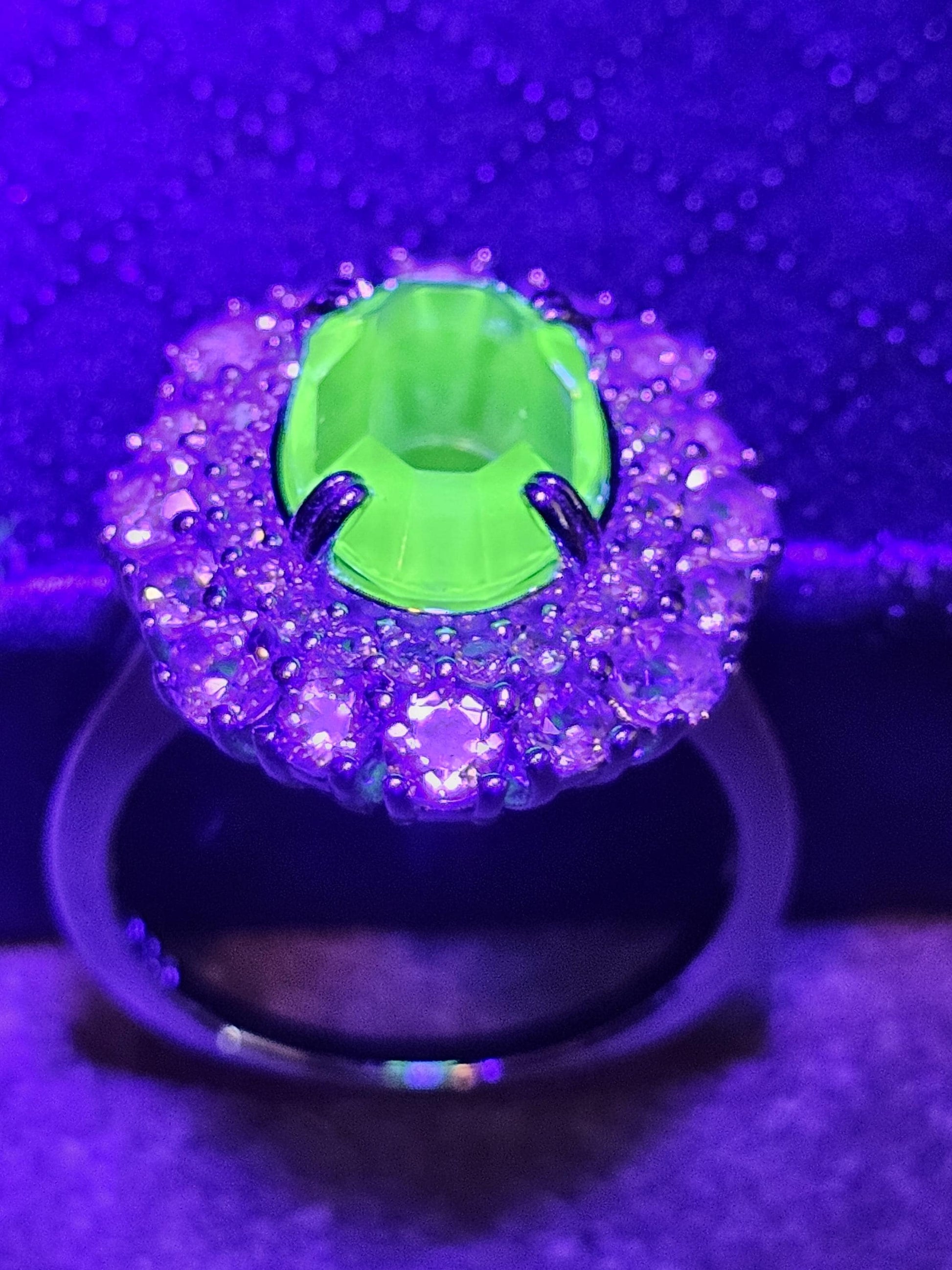 Uranium Glass Oval cut Ring double Halo style size 7 with a vintage Uranium glass 12x8 mm Oval cut stone that glows under black / UV light