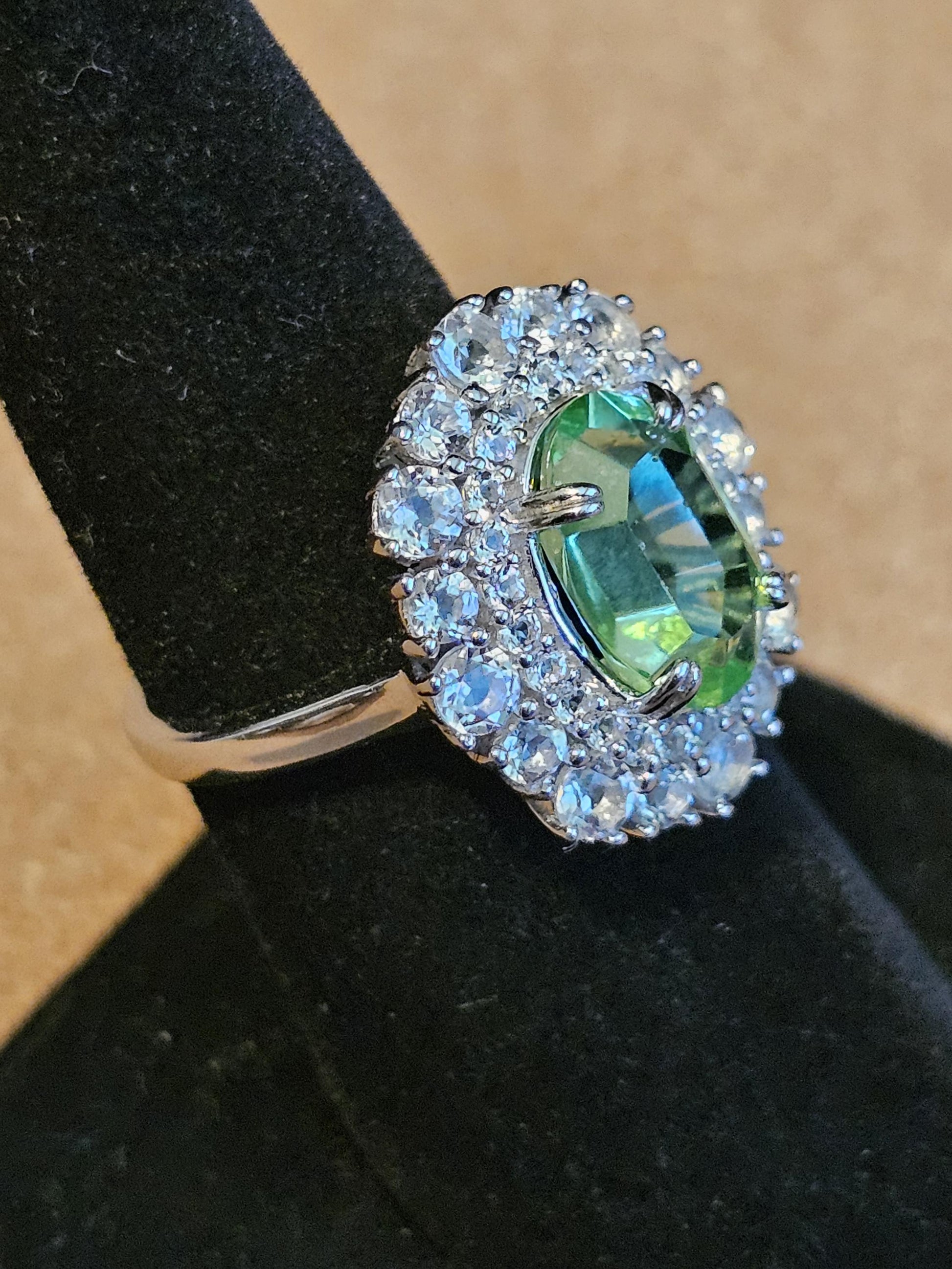 Uranium Glass Oval cut Ring double Halo style size 7 with a vintage Uranium glass 12x8 mm Oval cut stone that glows under black / UV light
