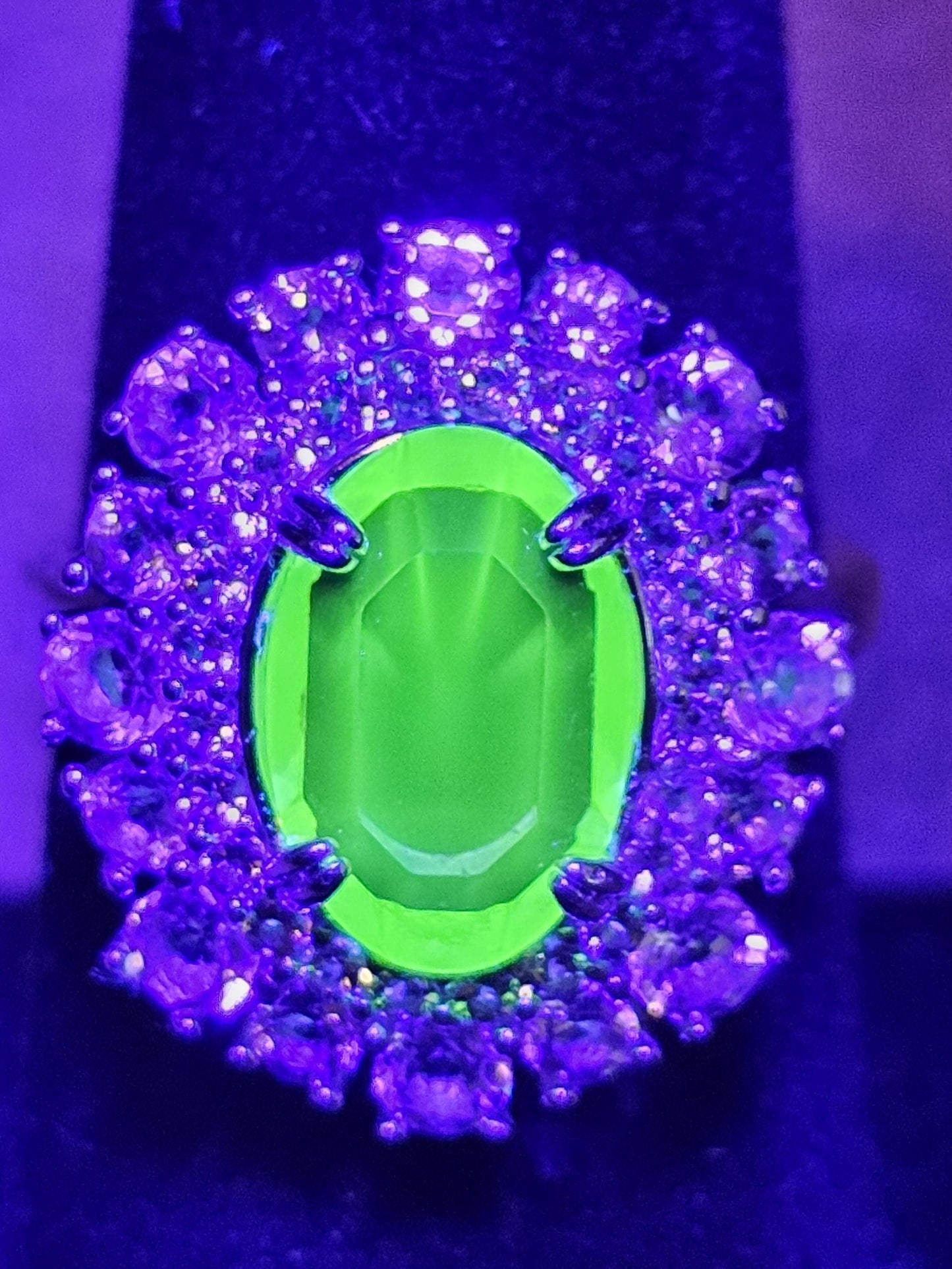 Uranium Glass Oval cut Ring double Halo style size 7 with a vintage Uranium glass 12x8 mm Oval cut stone that glows under black / UV light