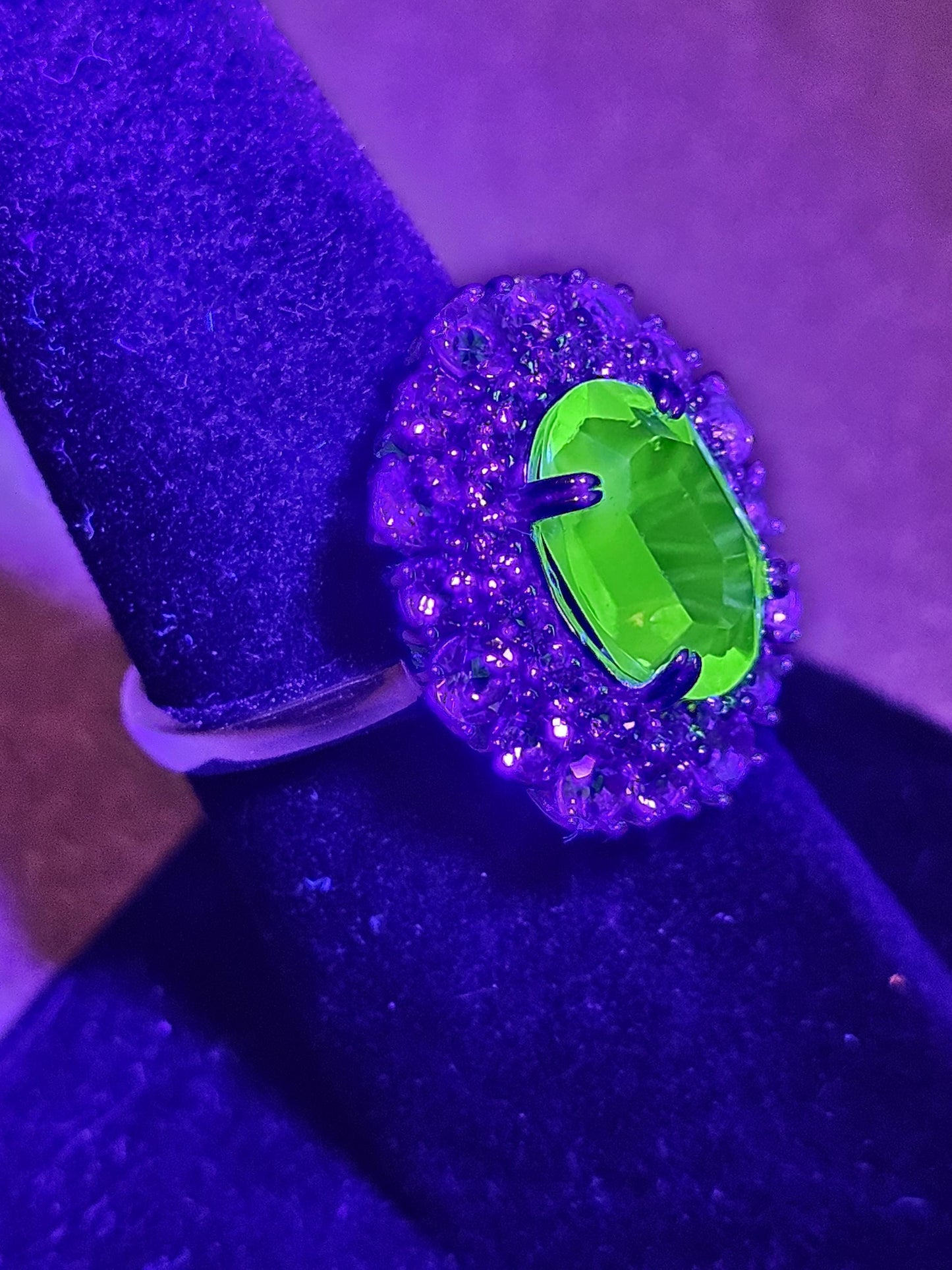 Uranium Glass Oval cut Ring double Halo style size 7 with a vintage Uranium glass 12x8 mm Oval cut stone that glows under black / UV light