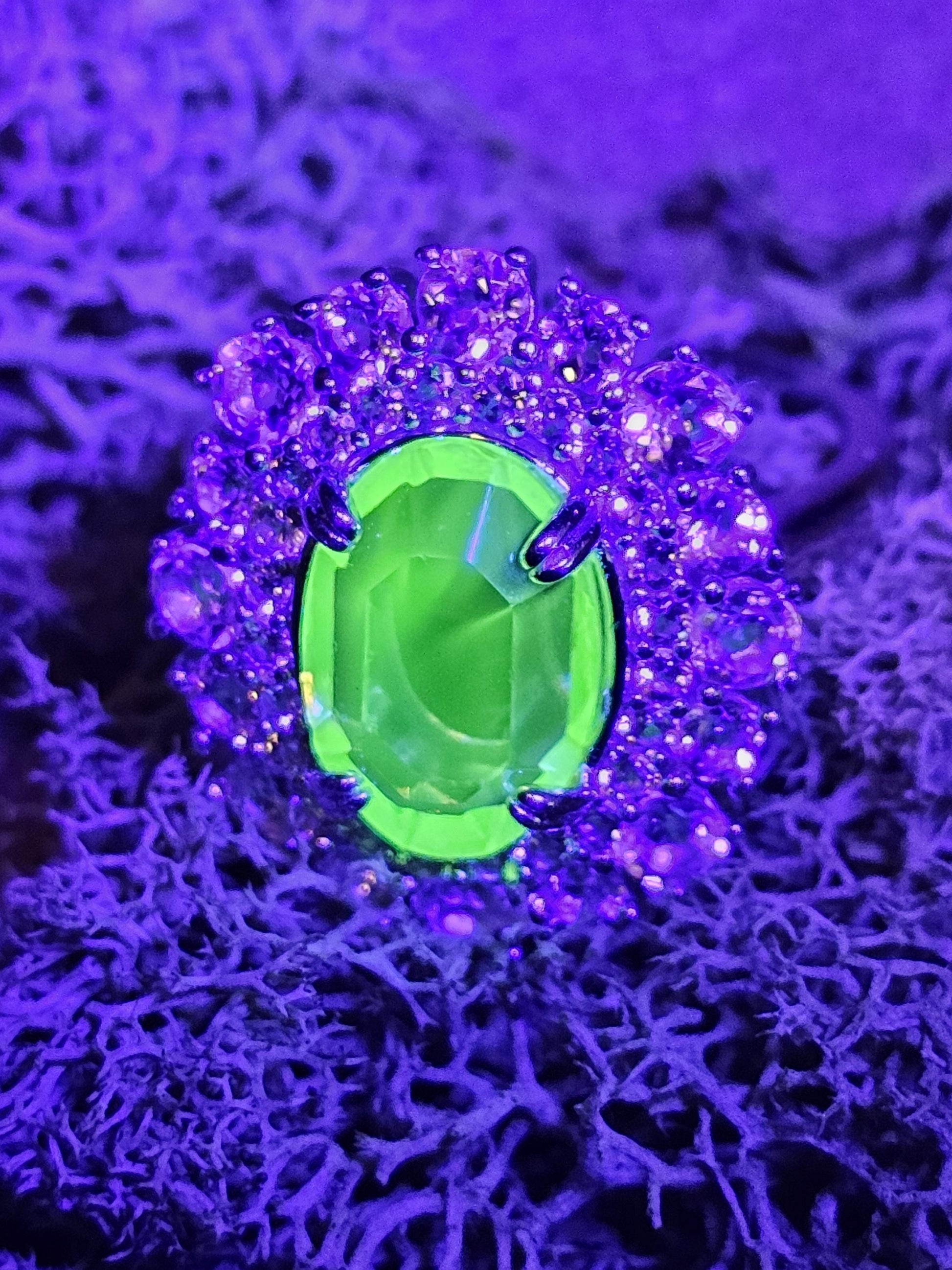 Uranium Glass Oval cut Ring double Halo style size 7 with a vintage Uranium glass 12x8 mm Oval cut stone that glows under black / UV light