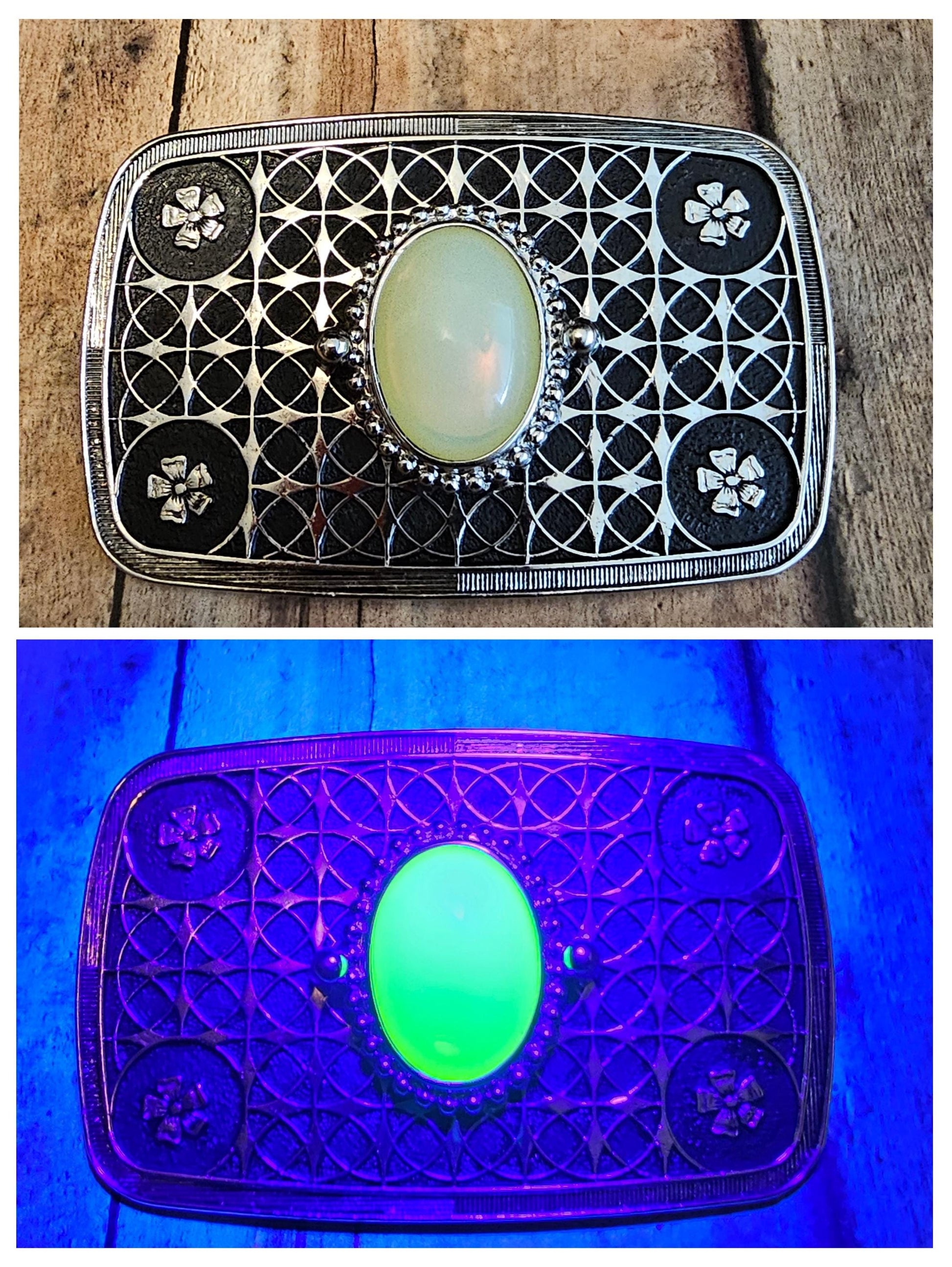 Uranium Glass Belt Buckle large 25x18 mm Oval cut Round top Cabochon cut vintage Uranium Glass stone that glows under black / UV light