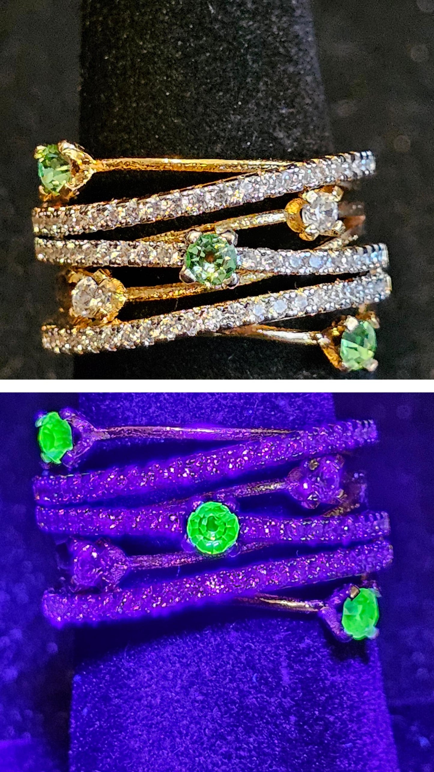 Uranium Glass Ring READ DESCRIPTION Yellow Gold-plated size 7 with three 3 mm Uranium glass stones that glow under black / UV light