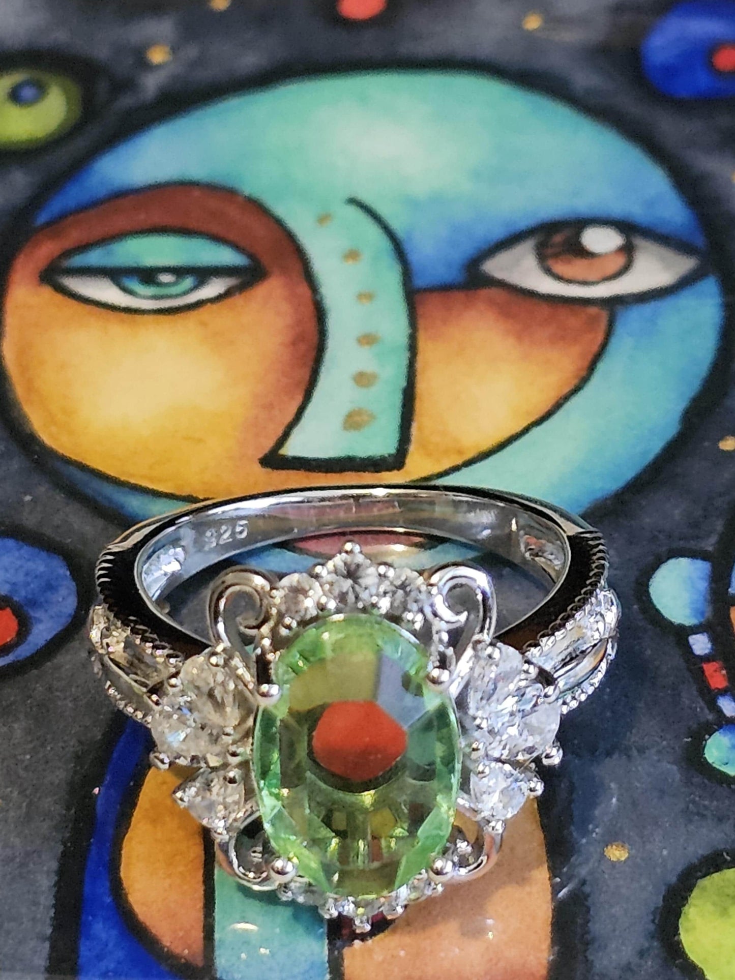 Uranium Glass Oval cut Ring Art Deco style size 7 with a vintage Uranium glass 12x8 mm Oval cut stone that glows under black / UV light