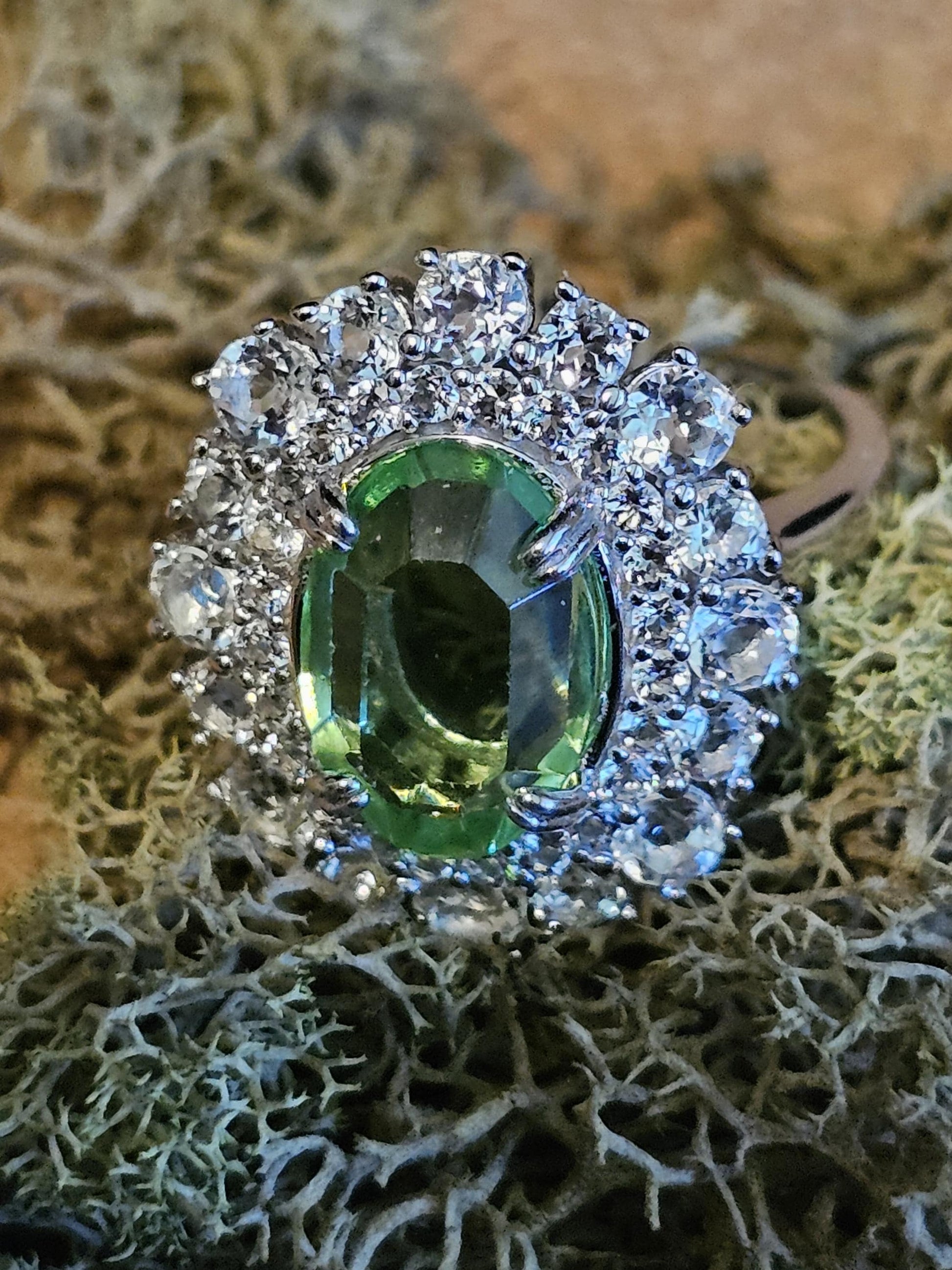 Uranium Glass Oval cut Ring double Halo style size 7 with a vintage Uranium glass 12x8 mm Oval cut stone that glows under black / UV light