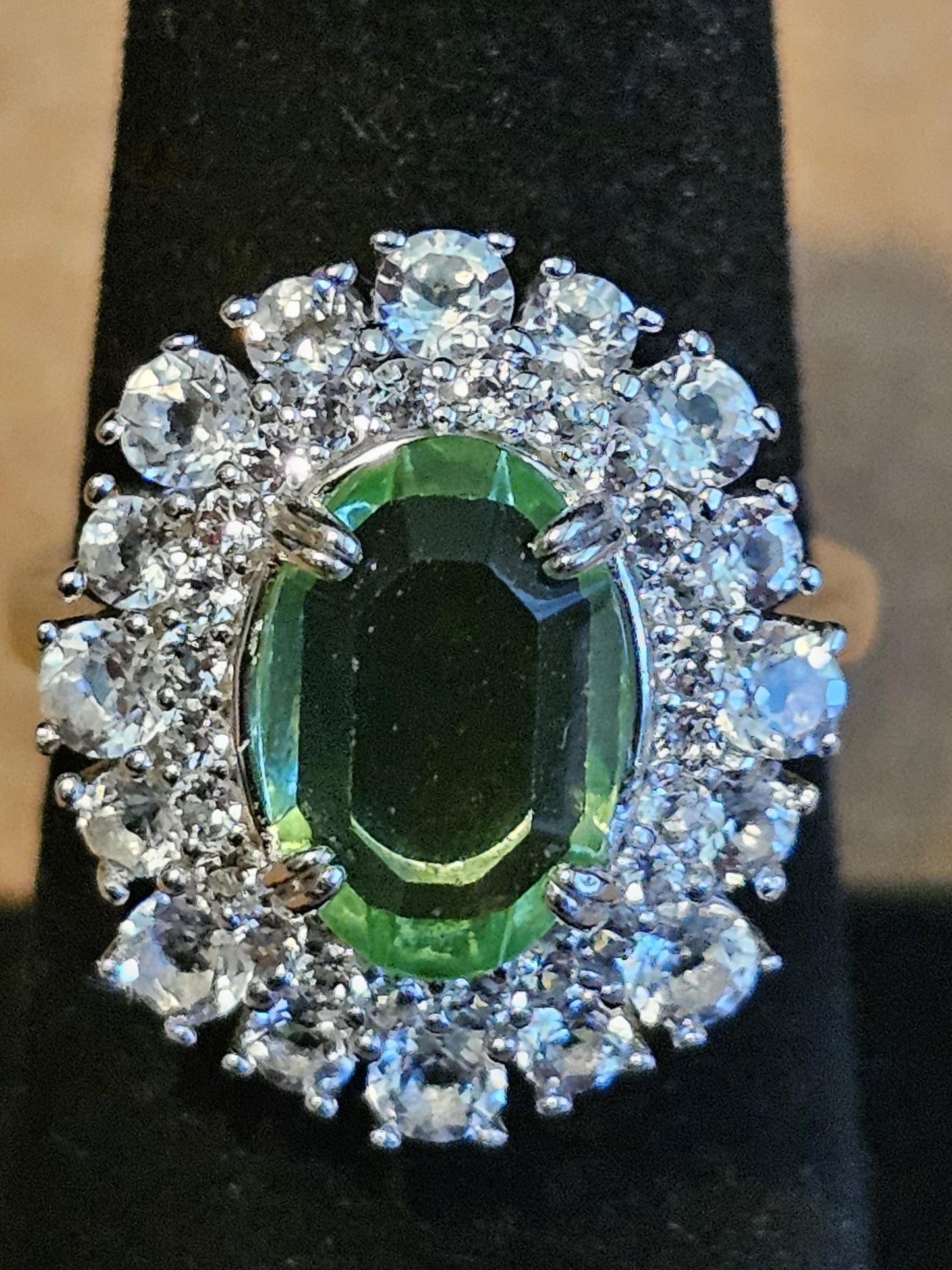 Uranium Glass Oval cut Ring double Halo style size 7 with a vintage Uranium glass 12x8 mm Oval cut stone that glows under black / UV light