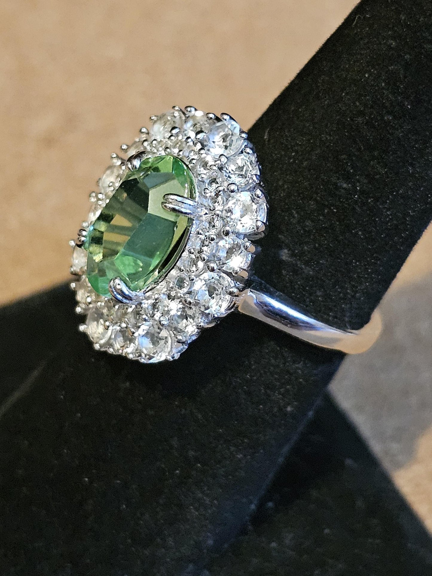 Uranium Glass Oval cut Ring double Halo style size 7 with a vintage Uranium glass 12x8 mm Oval cut stone that glows under black / UV light