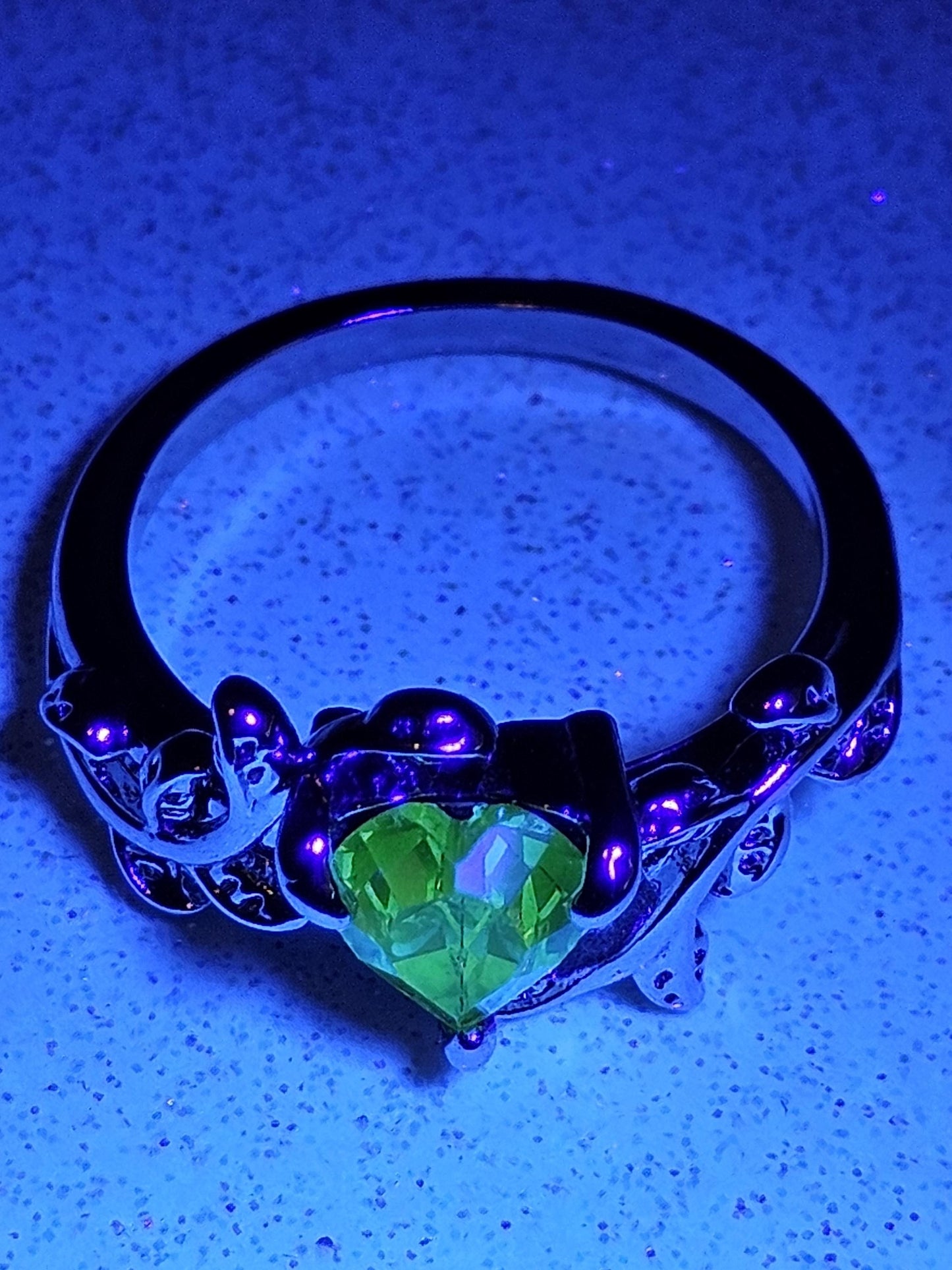 Uranium Glass Heart cut Ring in size 6 or 10 new Silver plated with a vintage Uranium glass stone that glows under black/UV light