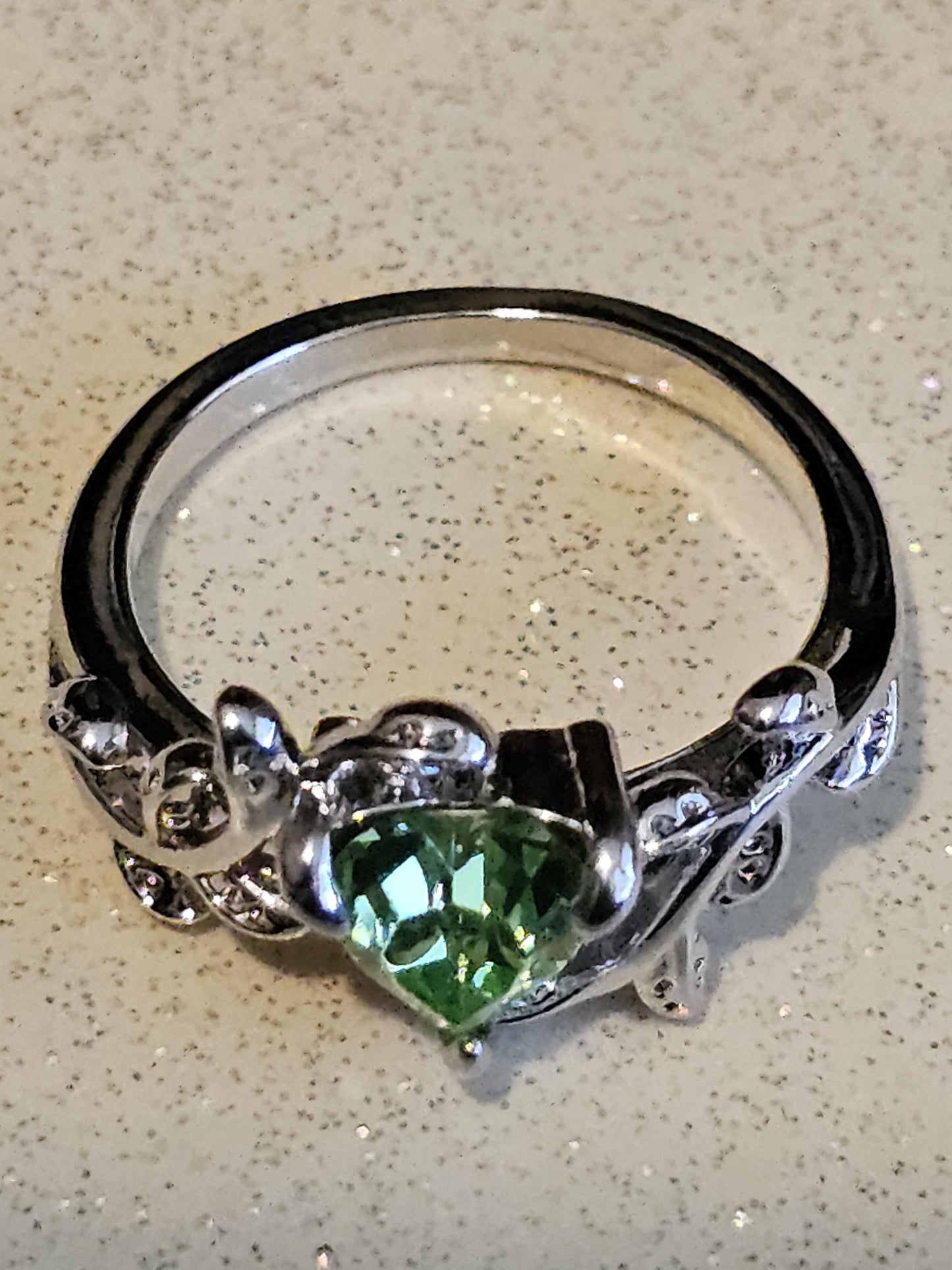 Uranium Glass Heart cut Ring in size 6 or 10 new Silver plated with a vintage Uranium glass stone that glows under black/UV light