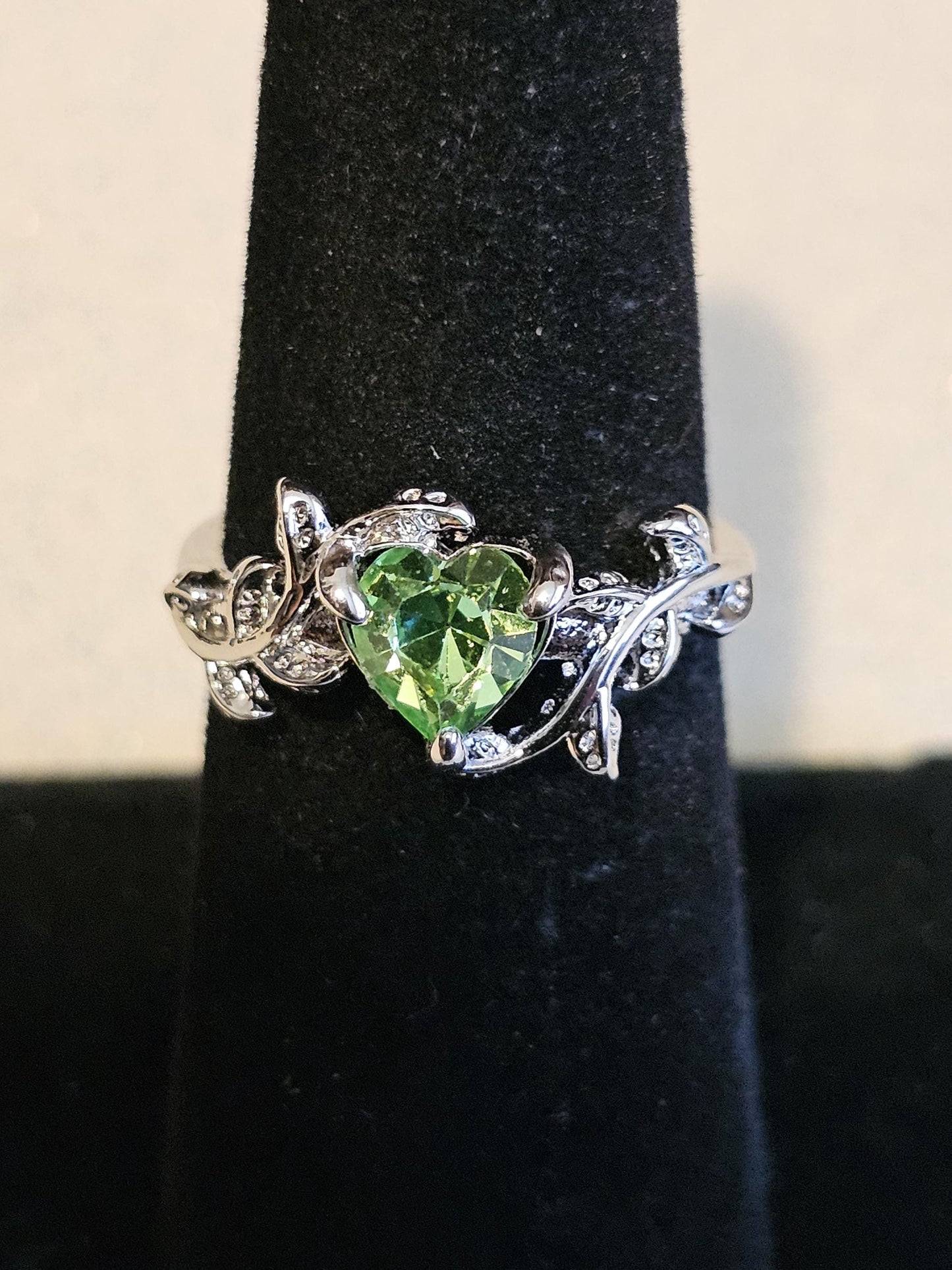 Uranium Glass Heart cut Ring in size 6 or 10 new Silver plated with a vintage Uranium glass stone that glows under black/UV light
