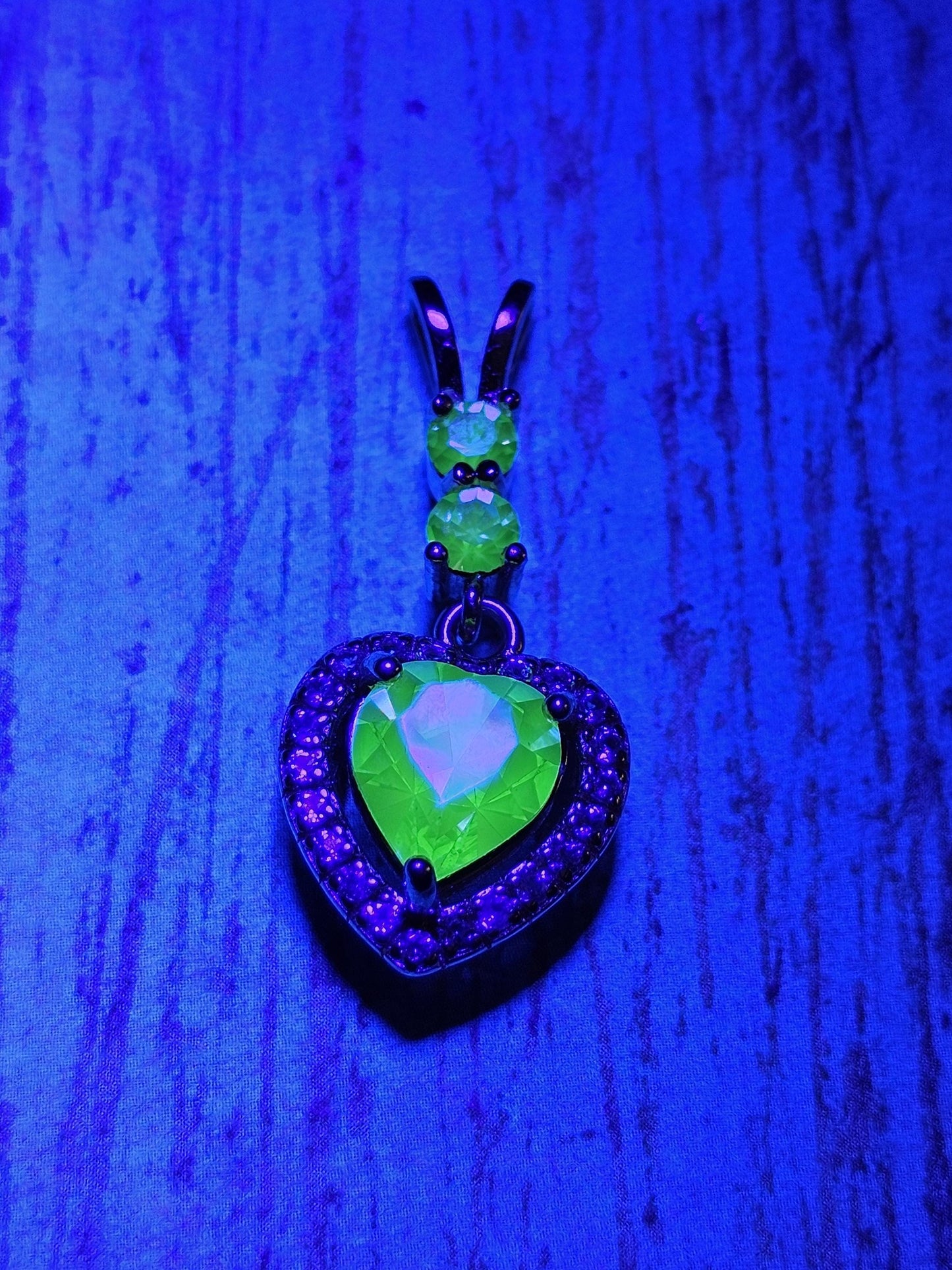 Uranium Glass Pendant Special Order for Dillon vintage Heart and Round cut Uranium Glass stones that glow under black/UV light