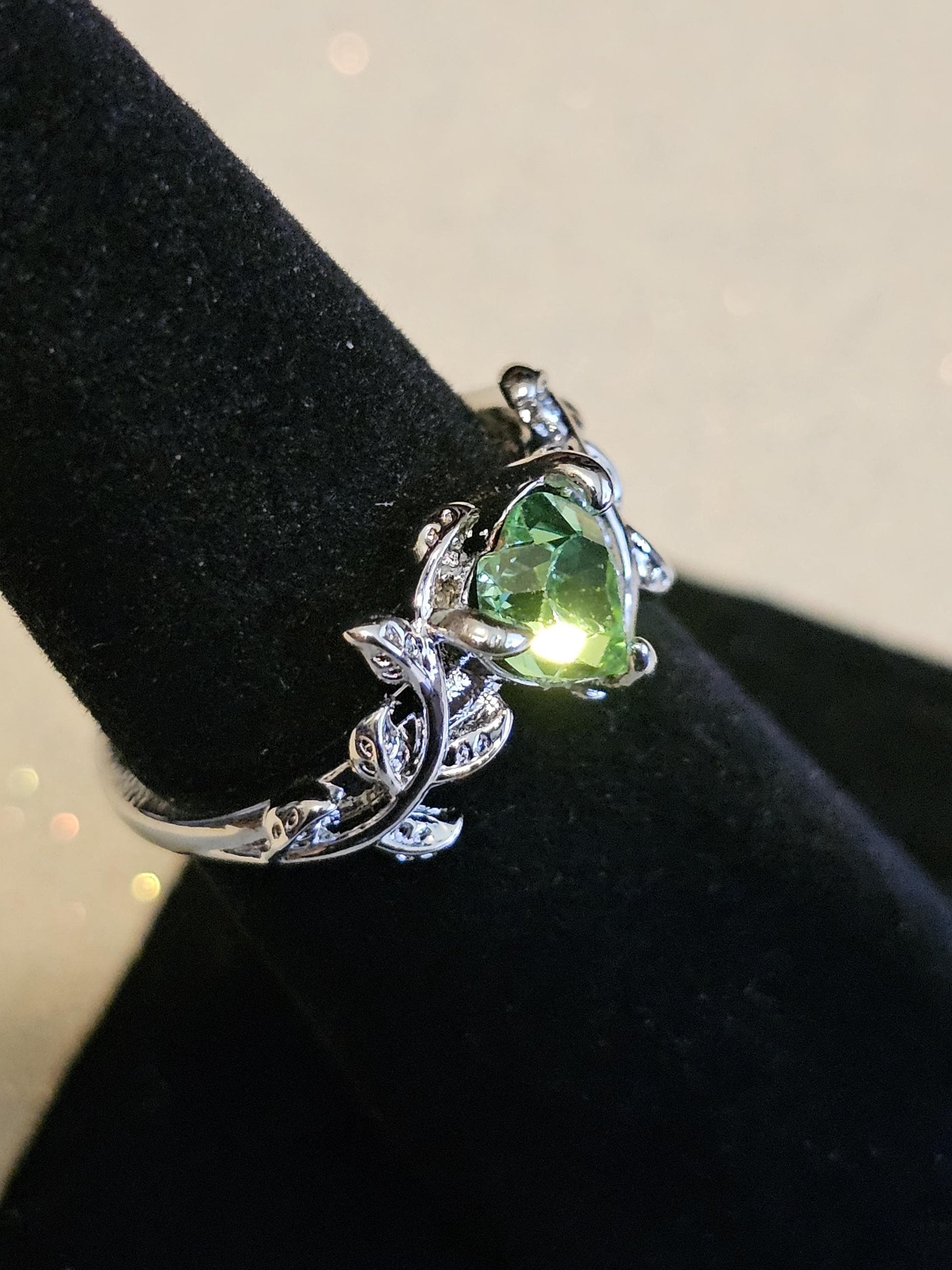 Uranium Glass Heart cut Ring in size 6 or 10 new Silver plated with a vintage Uranium glass stone that glows under black/UV light