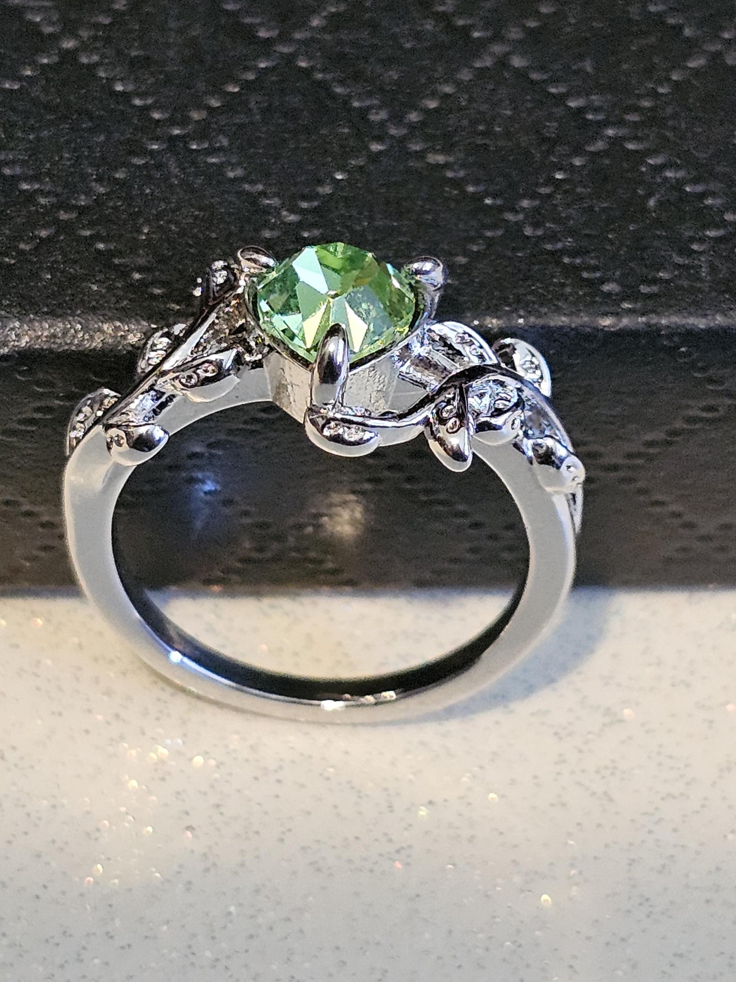 Uranium Glass Heart cut Ring in size 6 or 10 new Silver plated with a vintage Uranium glass stone that glows under black/UV light