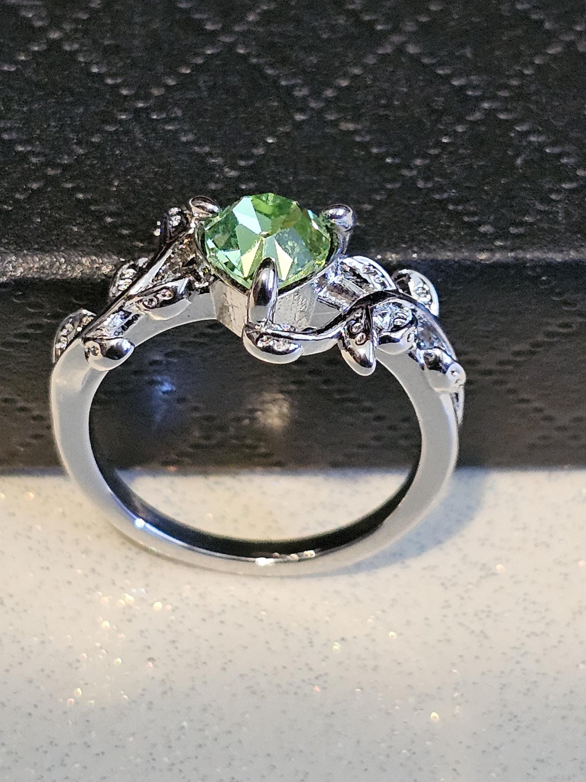 Uranium Glass Heart cut Ring in size 6 or 10 new Silver plated with a vintage Uranium glass stone that glows under black/UV light