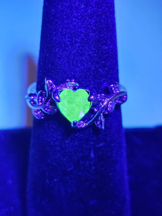 Uranium Glass Heart cut Ring in size 6 or 10 new Silver plated with a vintage Uranium glass stone that glows under black/UV light