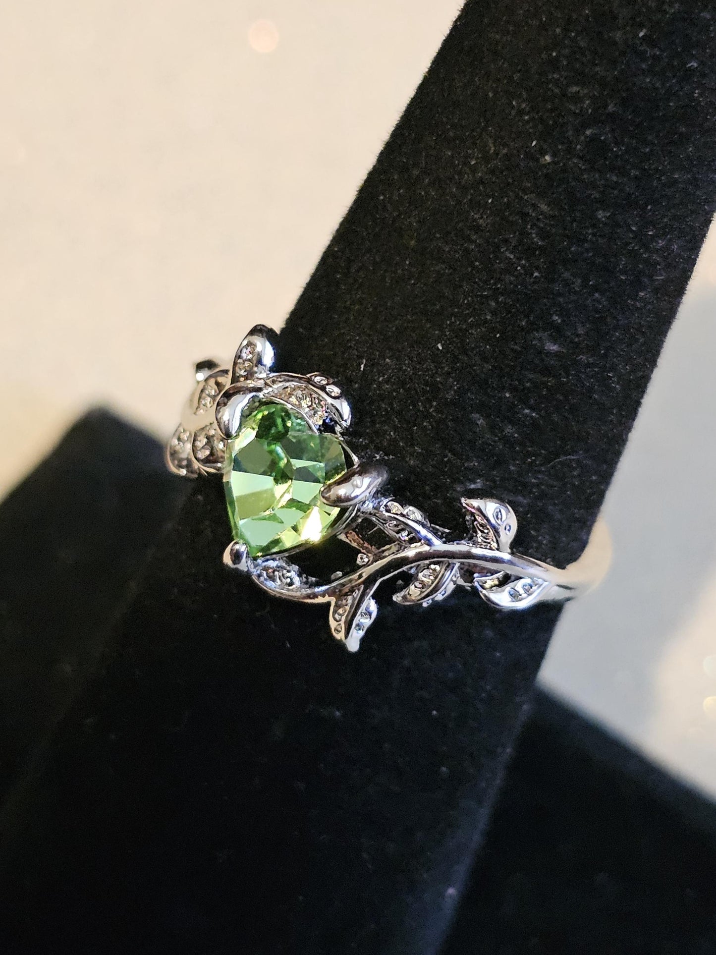 Uranium Glass Heart cut Ring in size 6 or 10 new Silver plated with a vintage Uranium glass stone that glows under black/UV light