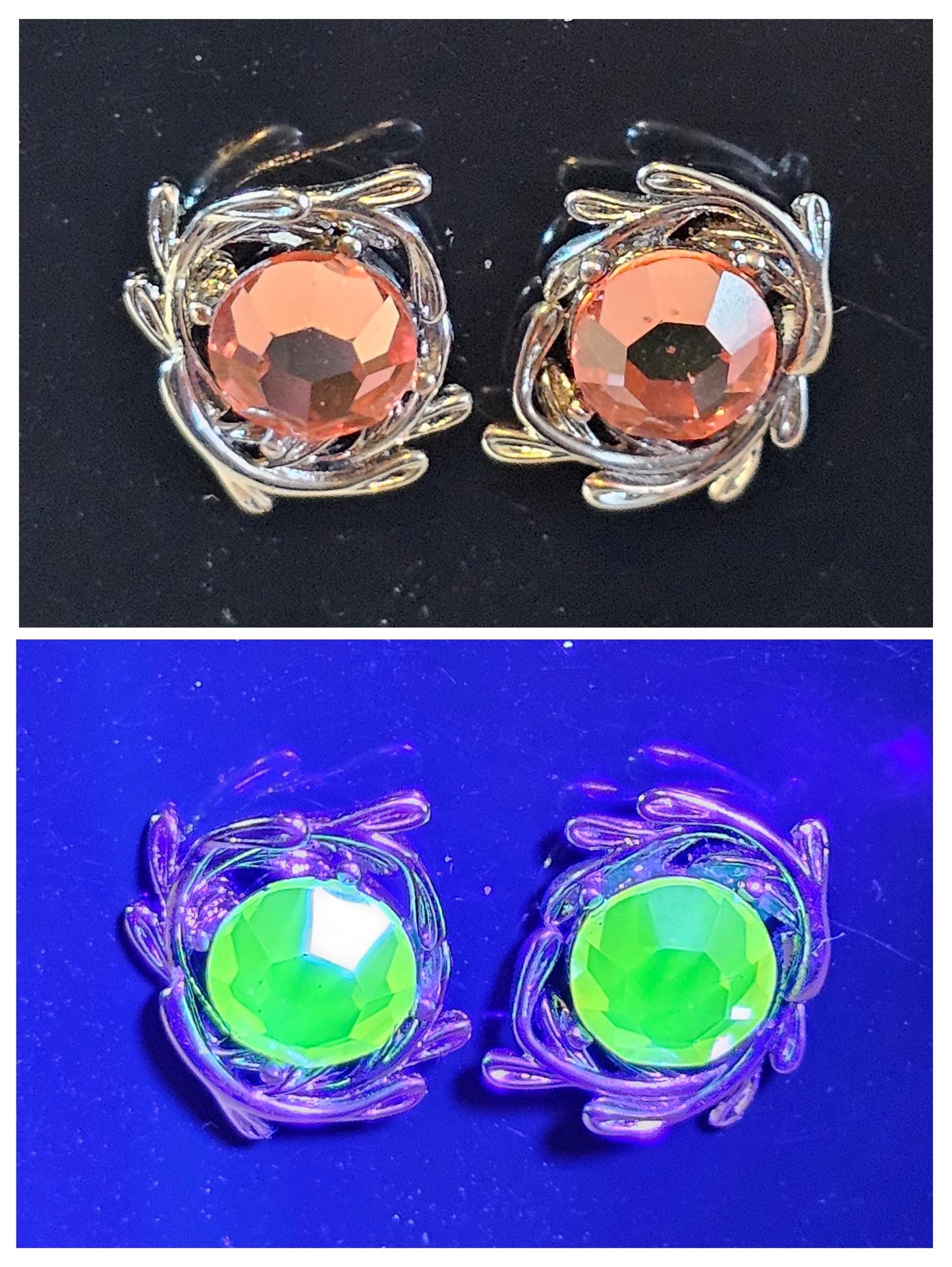 Uranium Glass Earrings in new Sterling Silver with Vintage 6mm Round cut rare Pink Uranium Glass stones that glow under black/UV light