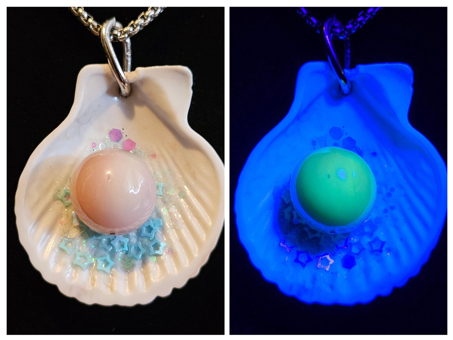 Uranium Glass Pendant "Pearl" in Shell with Stainless Steel chain and a vintage 15 mm Uranium Glass Marble that glows under black / UV light